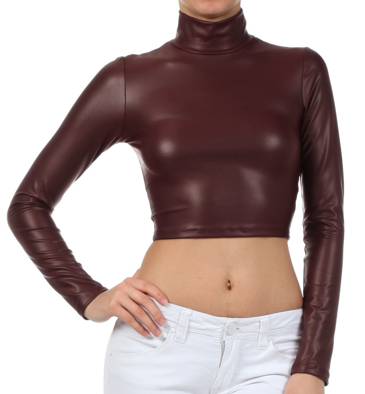 Sakkas Matte Liquid Mock Neck Turtleneck Long Sleeve Crop Top - Made in USA - Concordia Style Boutique