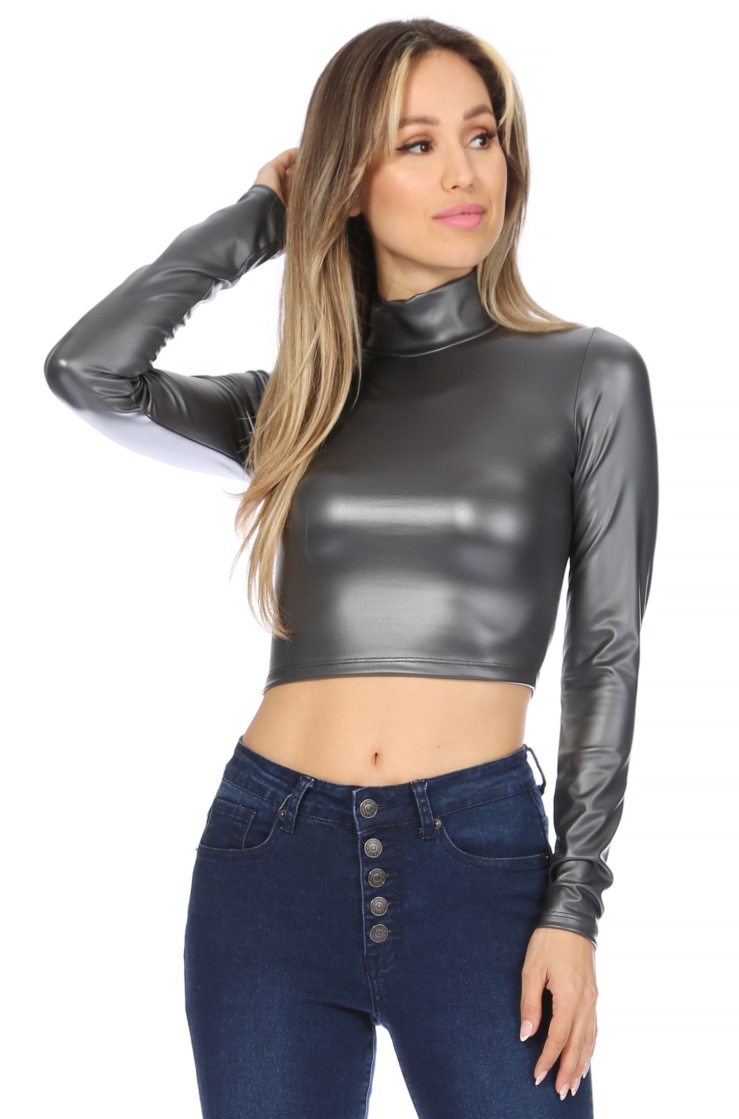 Sakkas Matte Liquid Mock Neck Turtleneck Long Sleeve Crop Top - Made in USA - Concordia Style Boutique