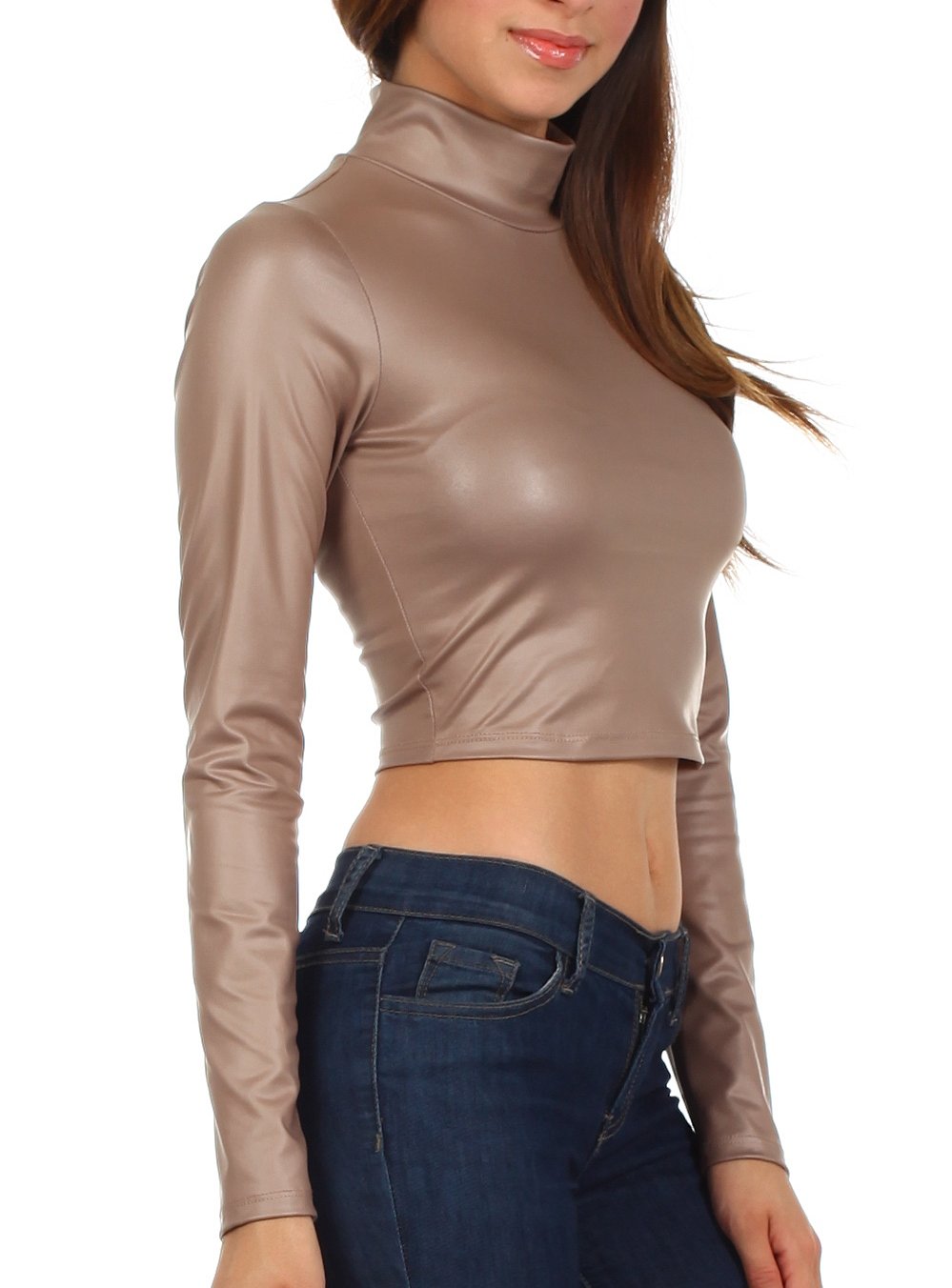 Sakkas Matte Liquid Mock Neck Turtleneck Long Sleeve Crop Top - Made in USA - Concordia Style Boutique
