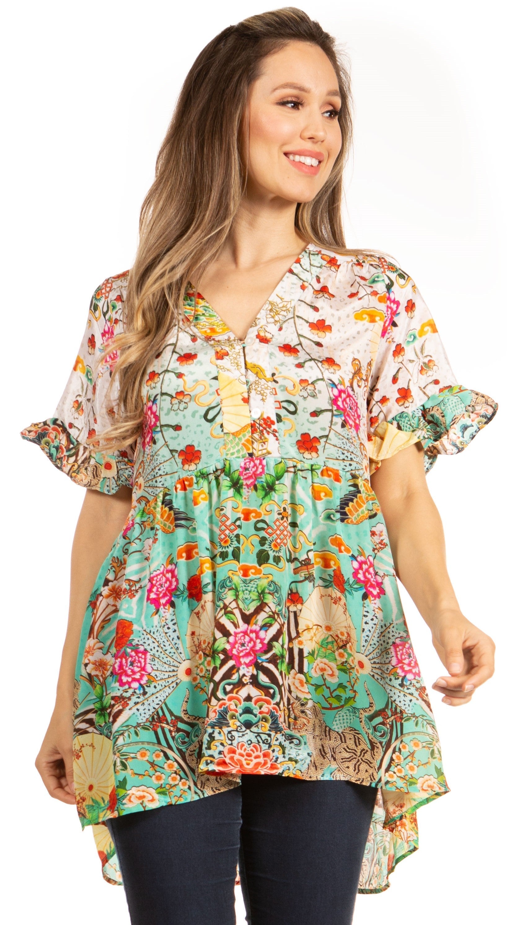 Get Summer Ready with Sakkas Eli Women's Floral Ruffle Top Blouse Tunic - Concordia Style Boutique