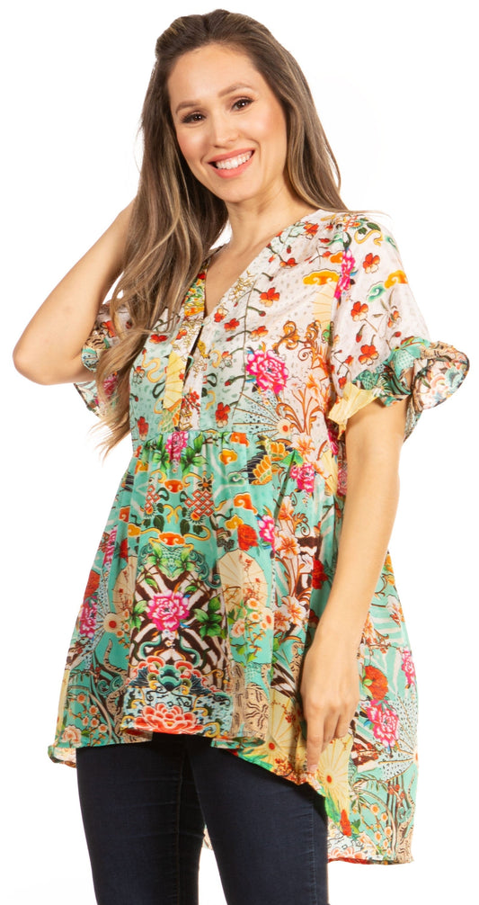 Get Summer Ready with Sakkas Eli Women's Floral Ruffle Top Blouse Tunic - Concordia Style Boutique