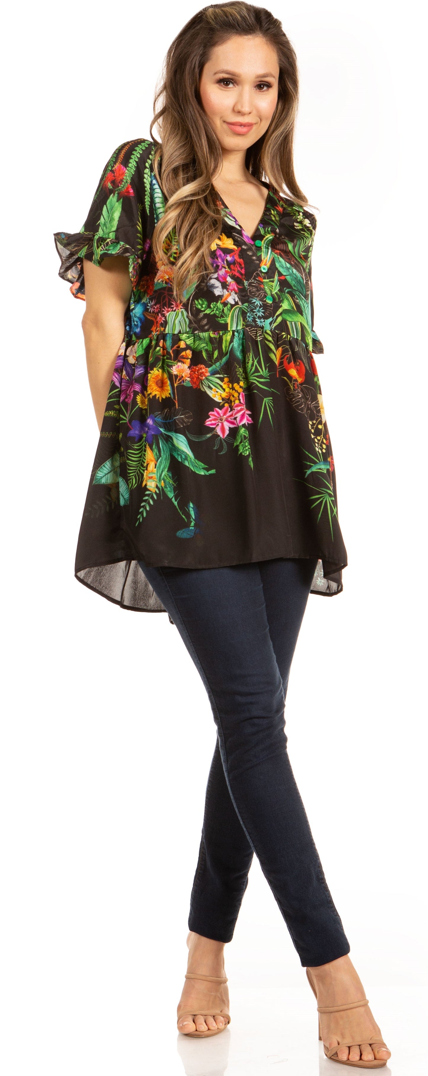 Get Summer Ready with Sakkas Eli Women's Floral Ruffle Top Blouse Tunic - Concordia Style Boutique