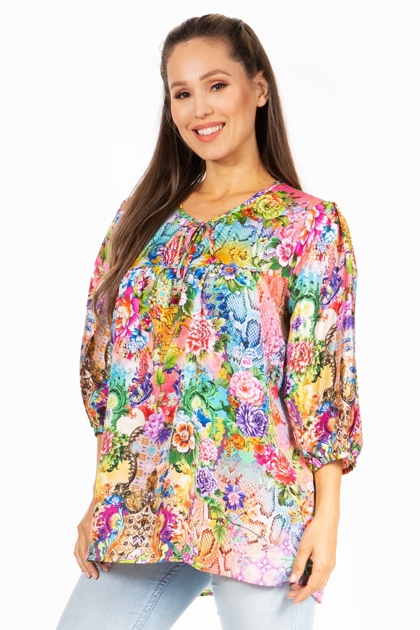 Sakkas Ligia Floral Tunic: Women's 3/4 Sleeve Blouse - Concordia Style Boutique