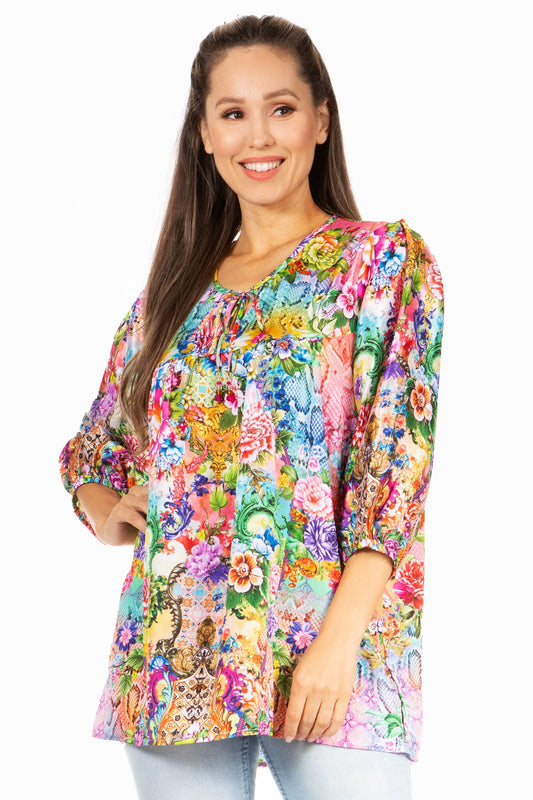 Sakkas Ligia Floral Tunic: Women's 3/4 Sleeve Blouse - Concordia Style Boutique