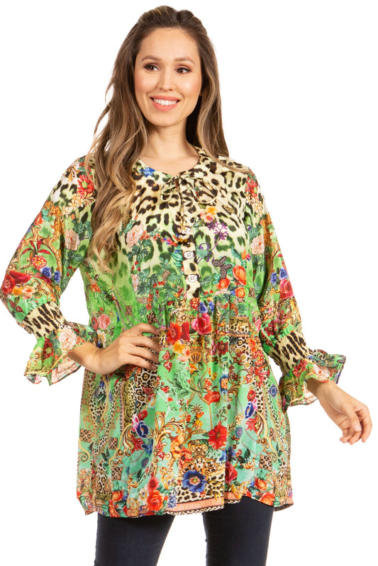 Elvira Floral Tunic Blouse - Women's Loose Swing Top with Long Sleeves and Scoop Neck by Sakkas - Concordia Style Boutique