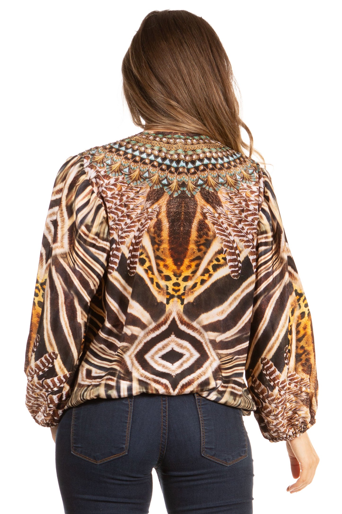 Women's Boho Floral Tunic Top with V-Neck and Elastic Sleeves by Sakkas Sante - Concordia Style Boutique