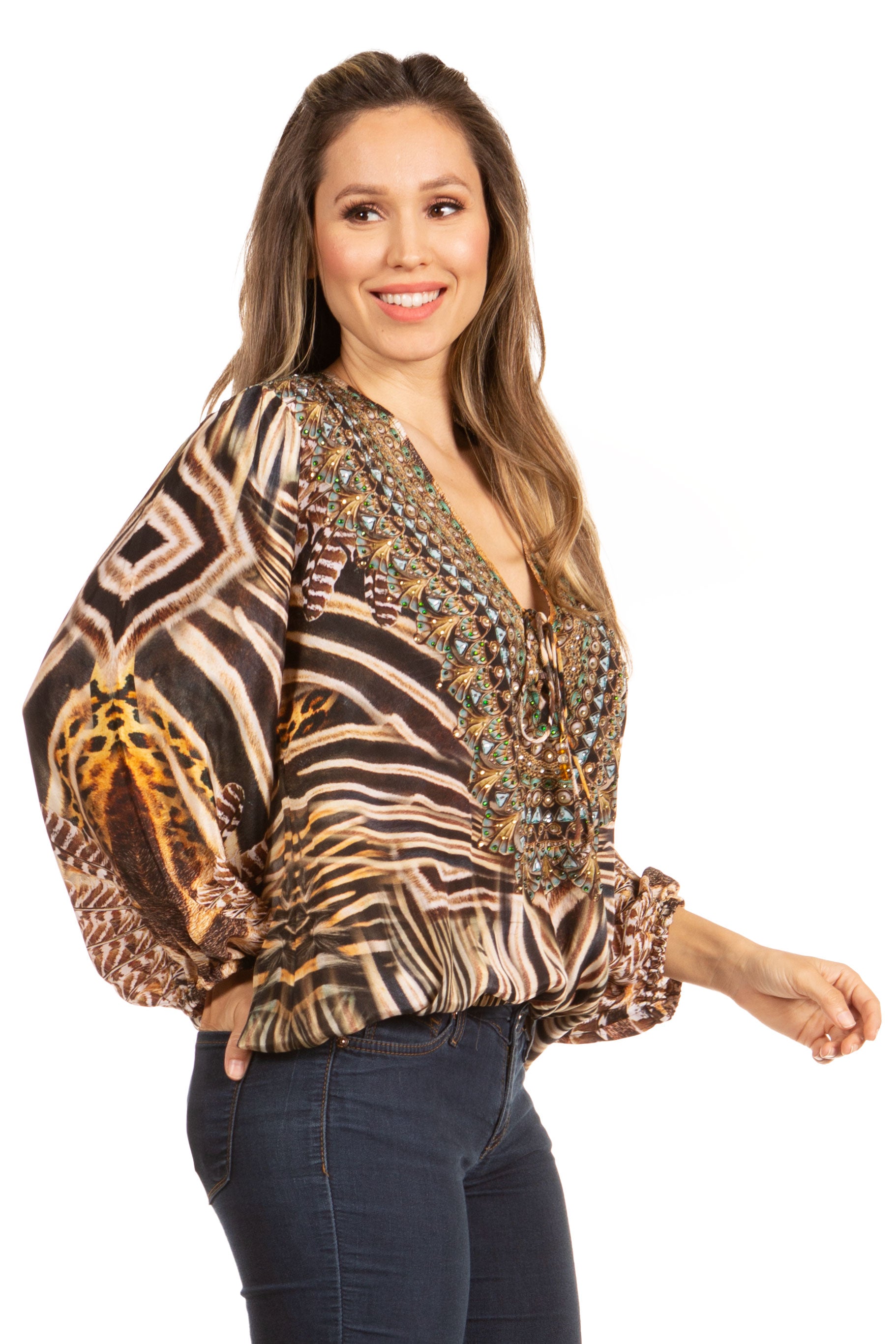 Women's Boho Floral Tunic Top with V-Neck and Elastic Sleeves by Sakkas Sante - Concordia Style Boutique