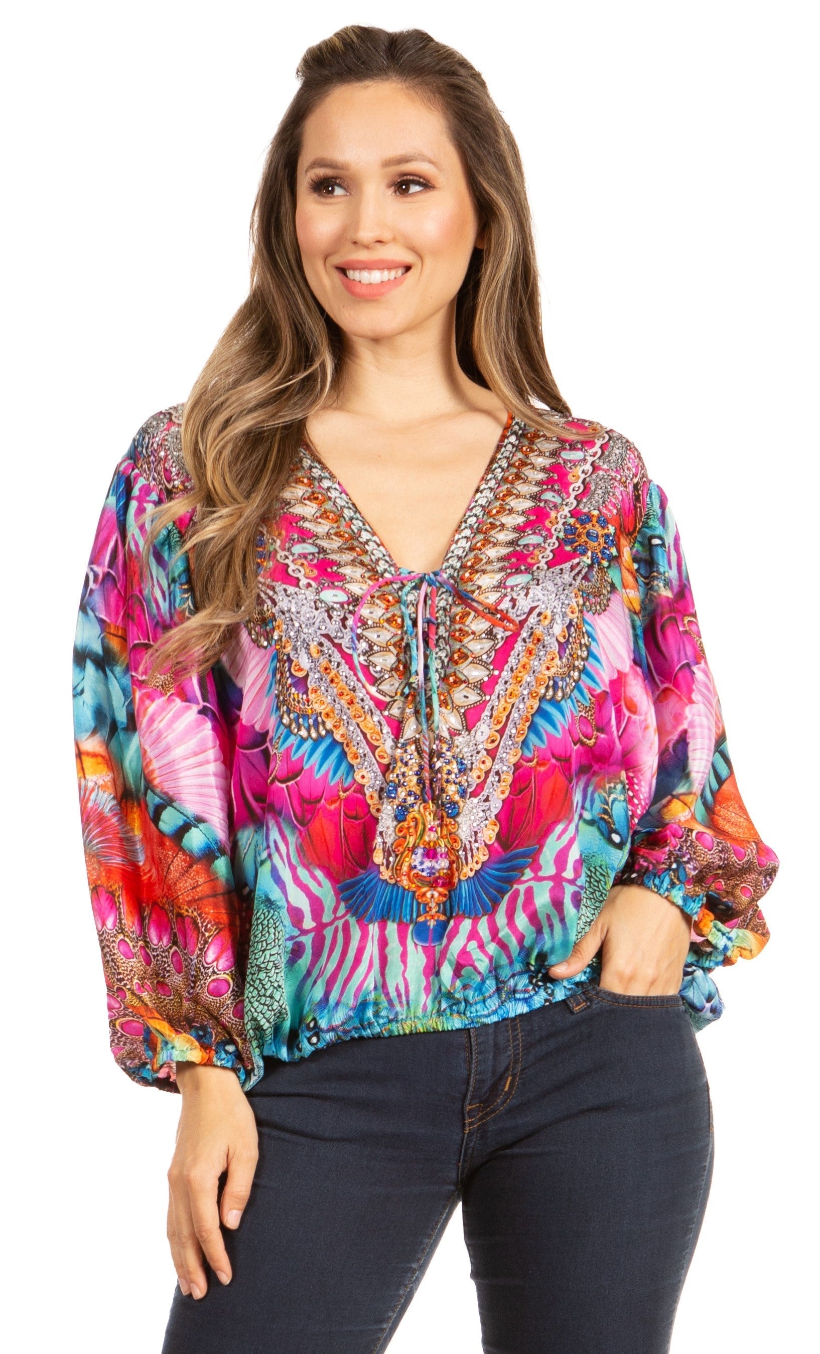 Women's Boho Floral Tunic Top with V-Neck and Elastic Sleeves by Sakkas Sante - Concordia Style Boutique