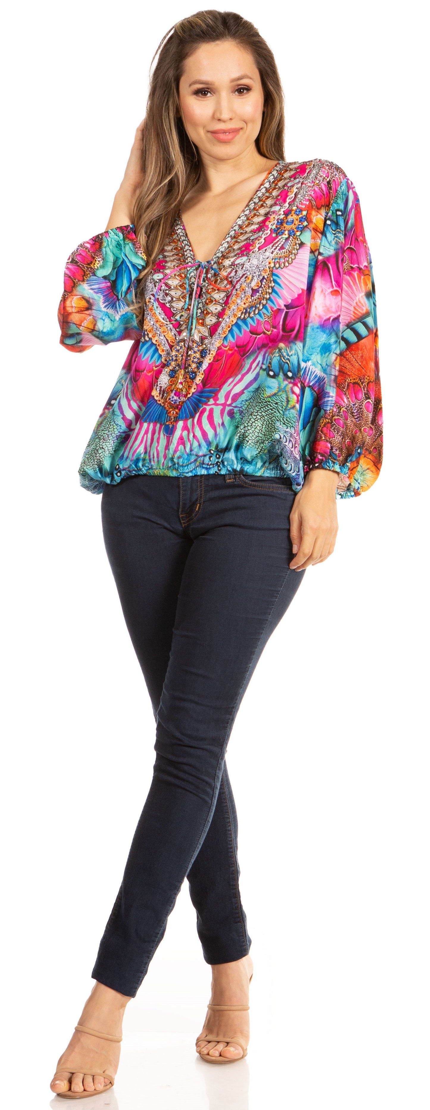 Women's Boho Floral Tunic Top with V-Neck and Elastic Sleeves by Sakkas Sante - Concordia Style Boutique