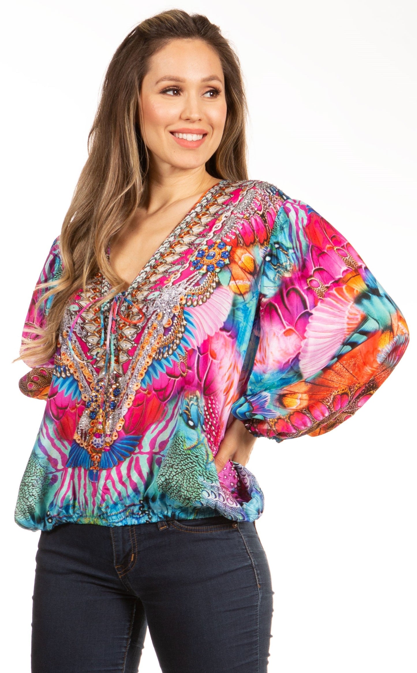 Women's Boho Floral Tunic Top with V-Neck and Elastic Sleeves by Sakkas Sante - Concordia Style Boutique