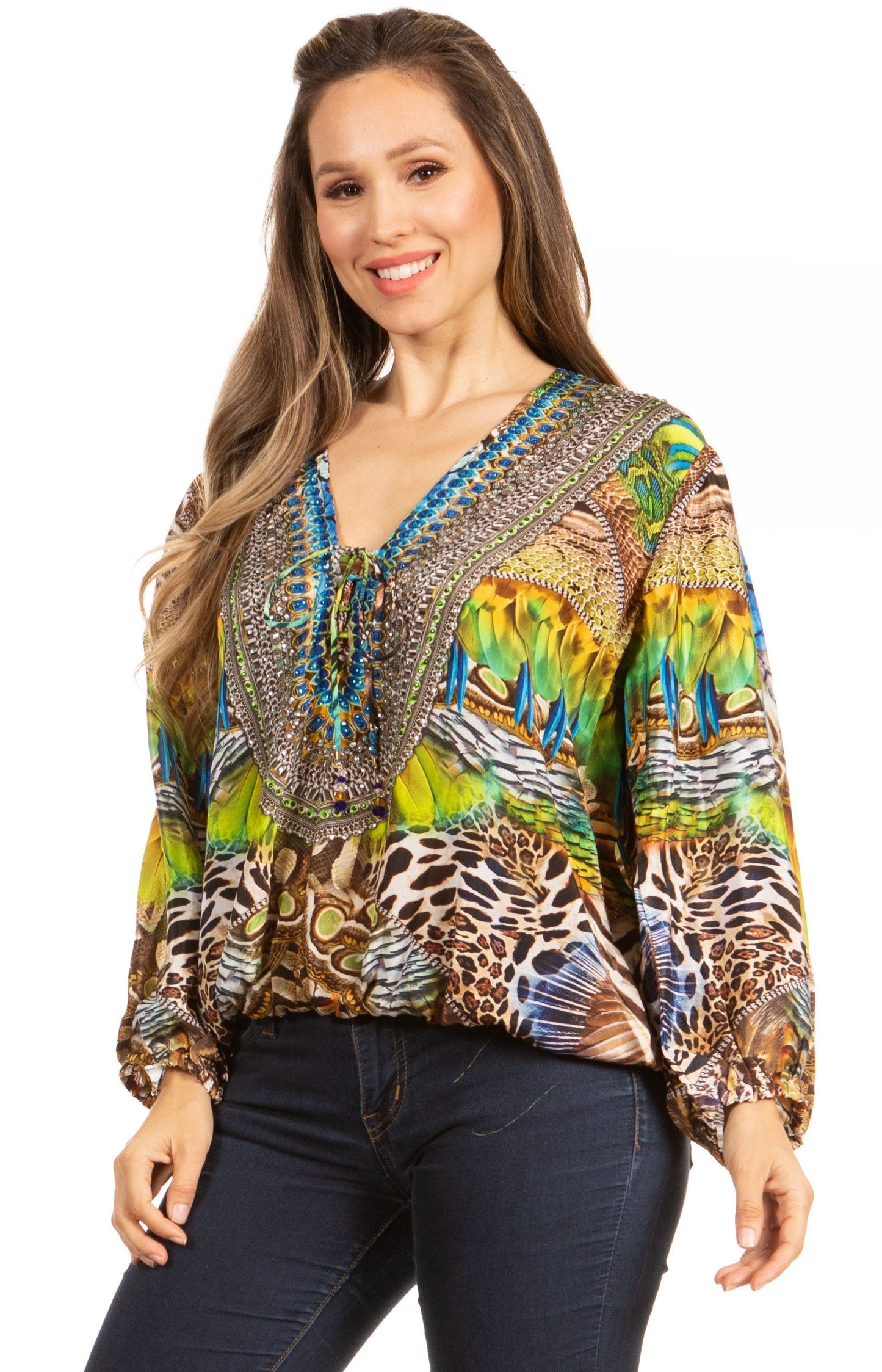 Women's Boho Floral Tunic Top with V-Neck and Elastic Sleeves by Sakkas Sante - Concordia Style Boutique