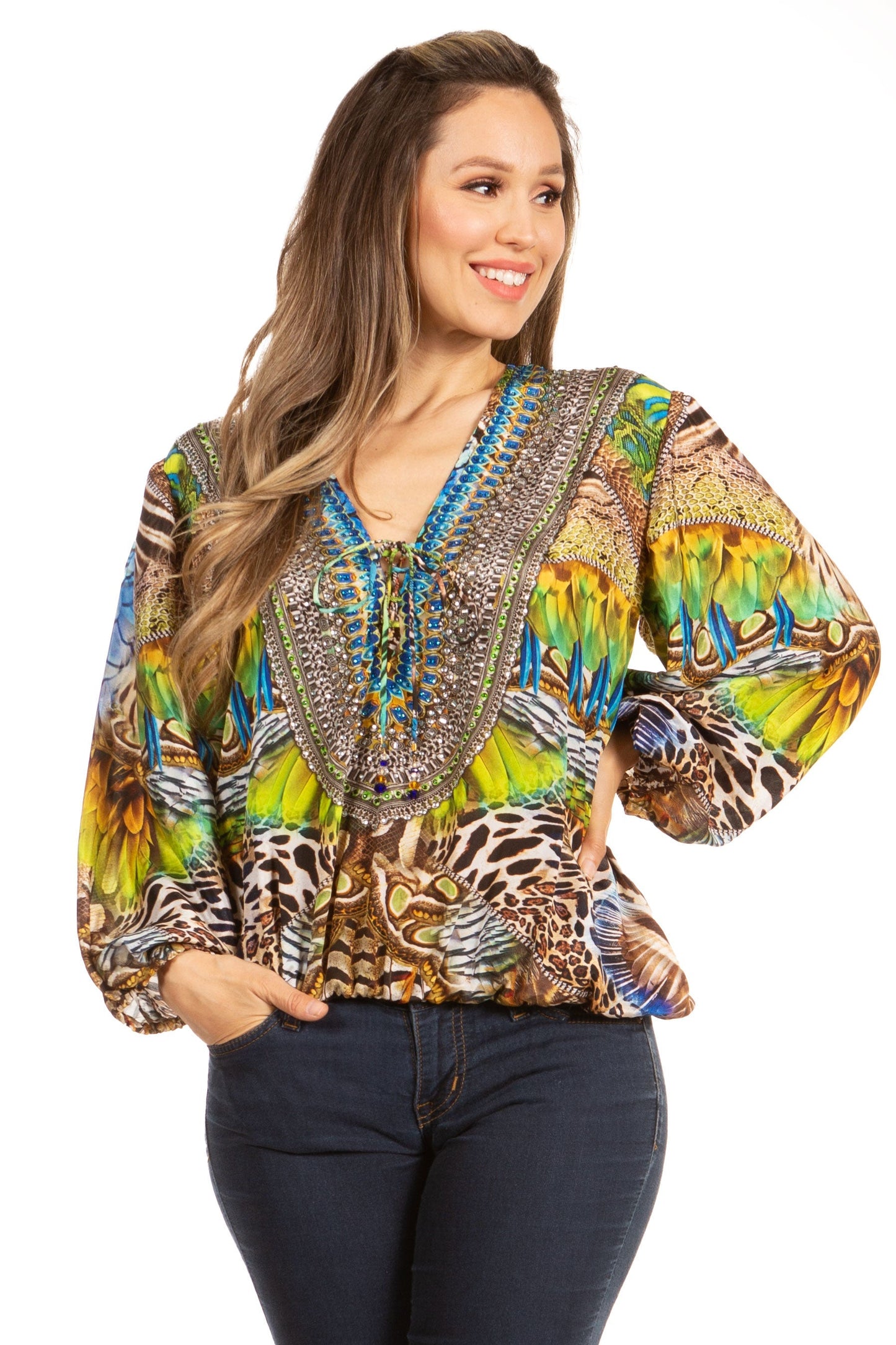 Women's Boho Floral Tunic Top with V-Neck and Elastic Sleeves by Sakkas Sante - Concordia Style Boutique