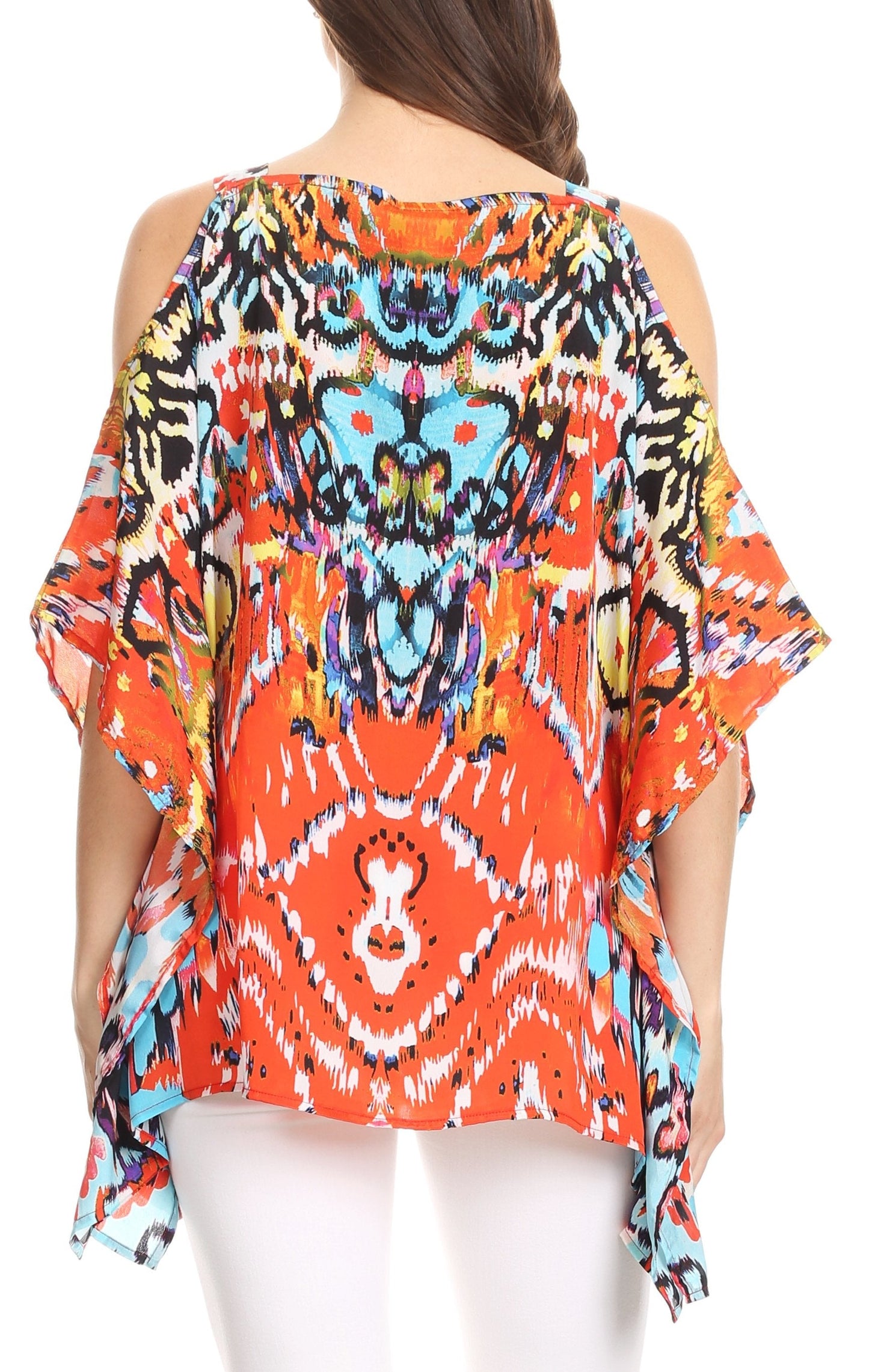 Sakkas Saanvi Printed Draped Short Sleeve Strap Cutout Shoulder V-Neck Kaftan Top - Concordia Style Boutique