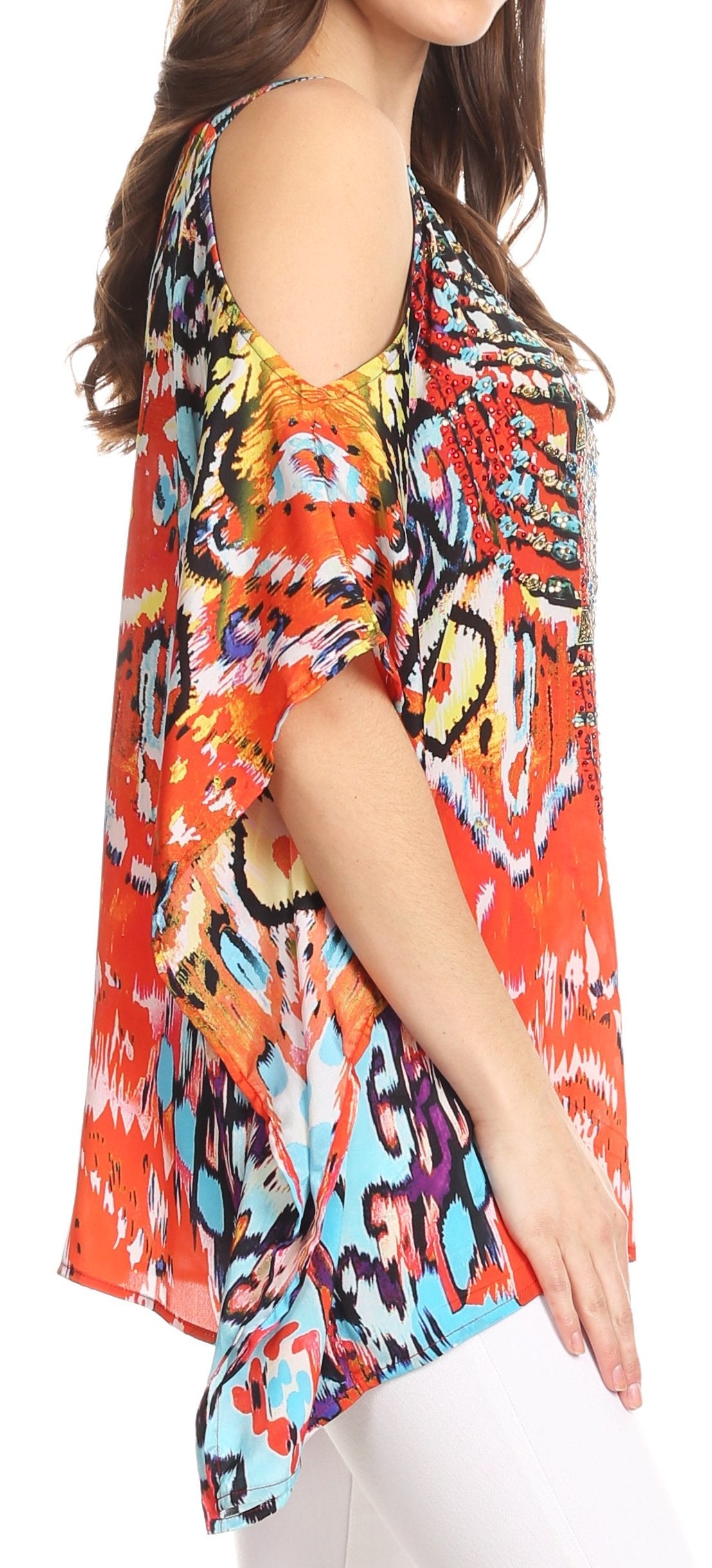 Sakkas Saanvi Printed Draped Short Sleeve Strap Cutout Shoulder V-Neck Kaftan Top - Concordia Style Boutique
