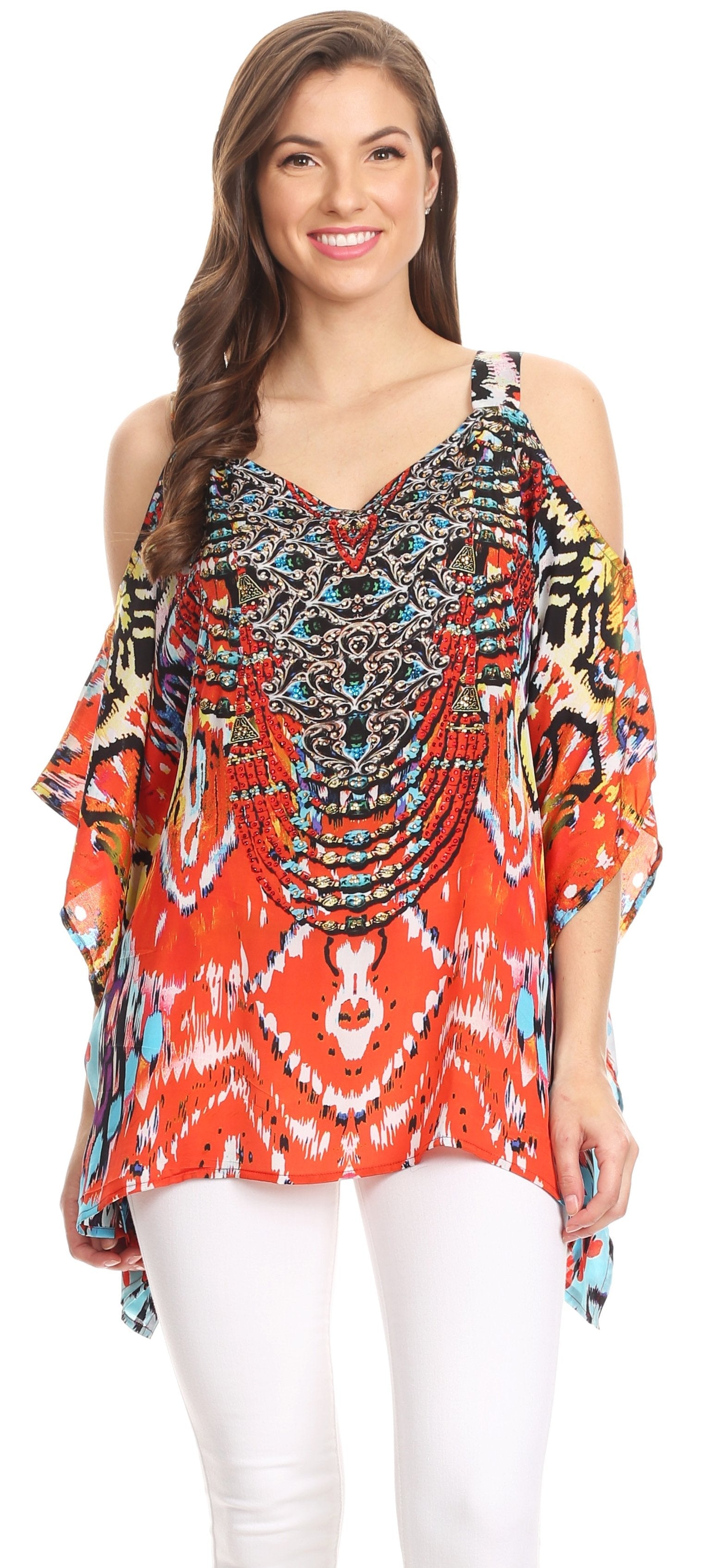 Sakkas Saanvi Printed Draped Short Sleeve Strap Cutout Shoulder V-Neck Kaftan Top - Concordia Style Boutique