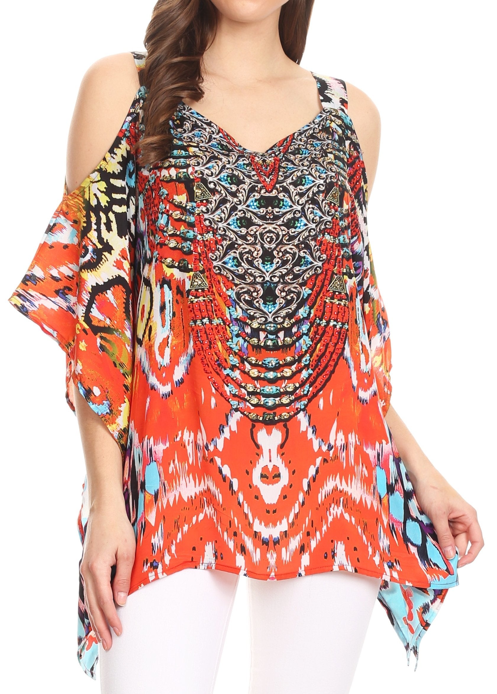Sakkas Saanvi Printed Draped Short Sleeve Strap Cutout Shoulder V-Neck Kaftan Top - Concordia Style Boutique