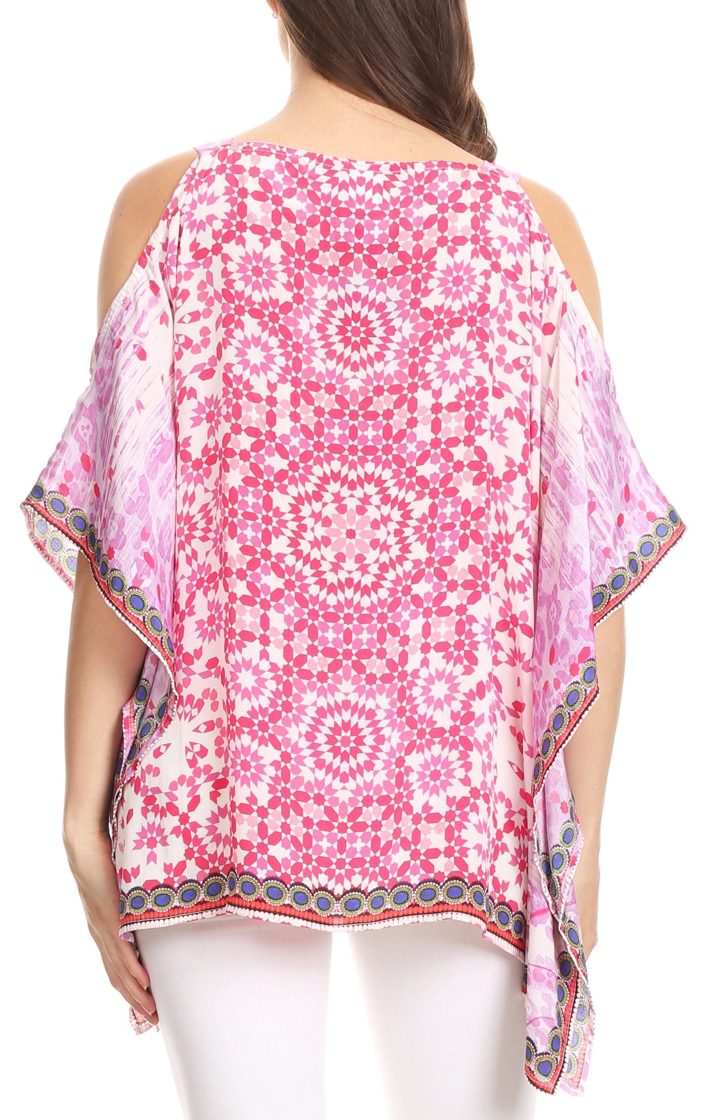 Sakkas Saanvi Printed Draped Short Sleeve Strap Cutout Shoulder V-Neck Kaftan Top - Concordia Style Boutique