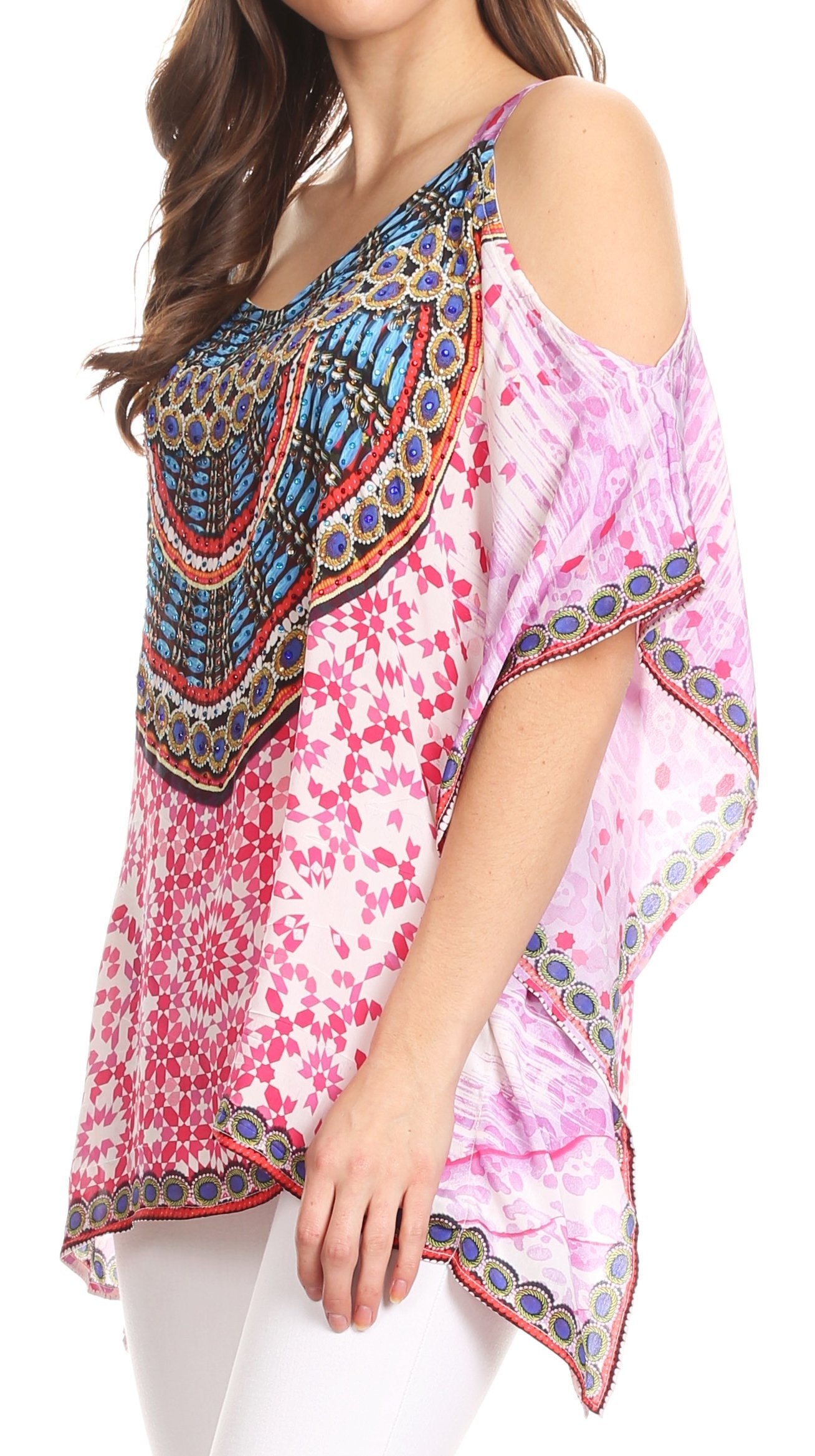 Sakkas Saanvi Printed Draped Short Sleeve Strap Cutout Shoulder V-Neck Kaftan Top - Concordia Style Boutique