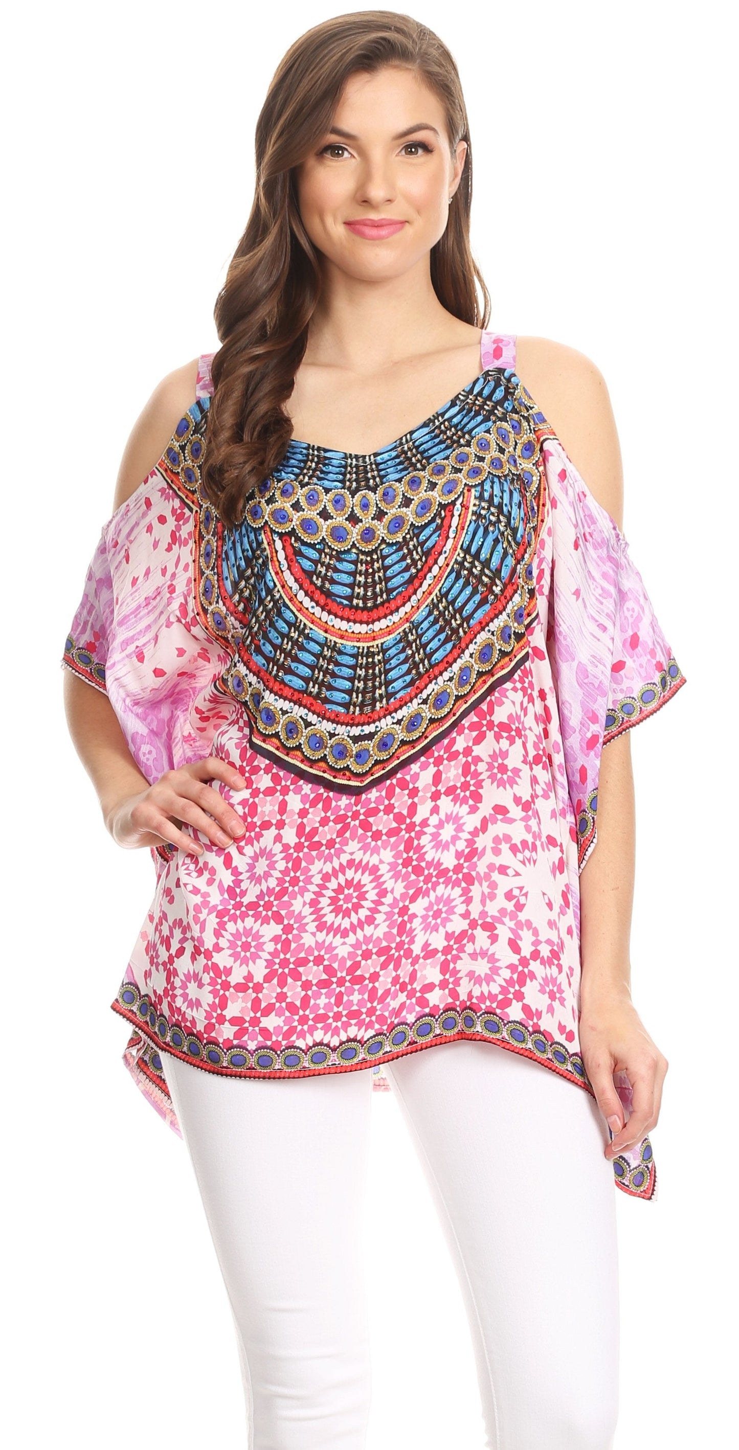 Sakkas Saanvi Printed Draped Short Sleeve Strap Cutout Shoulder V-Neck Kaftan Top - Concordia Style Boutique