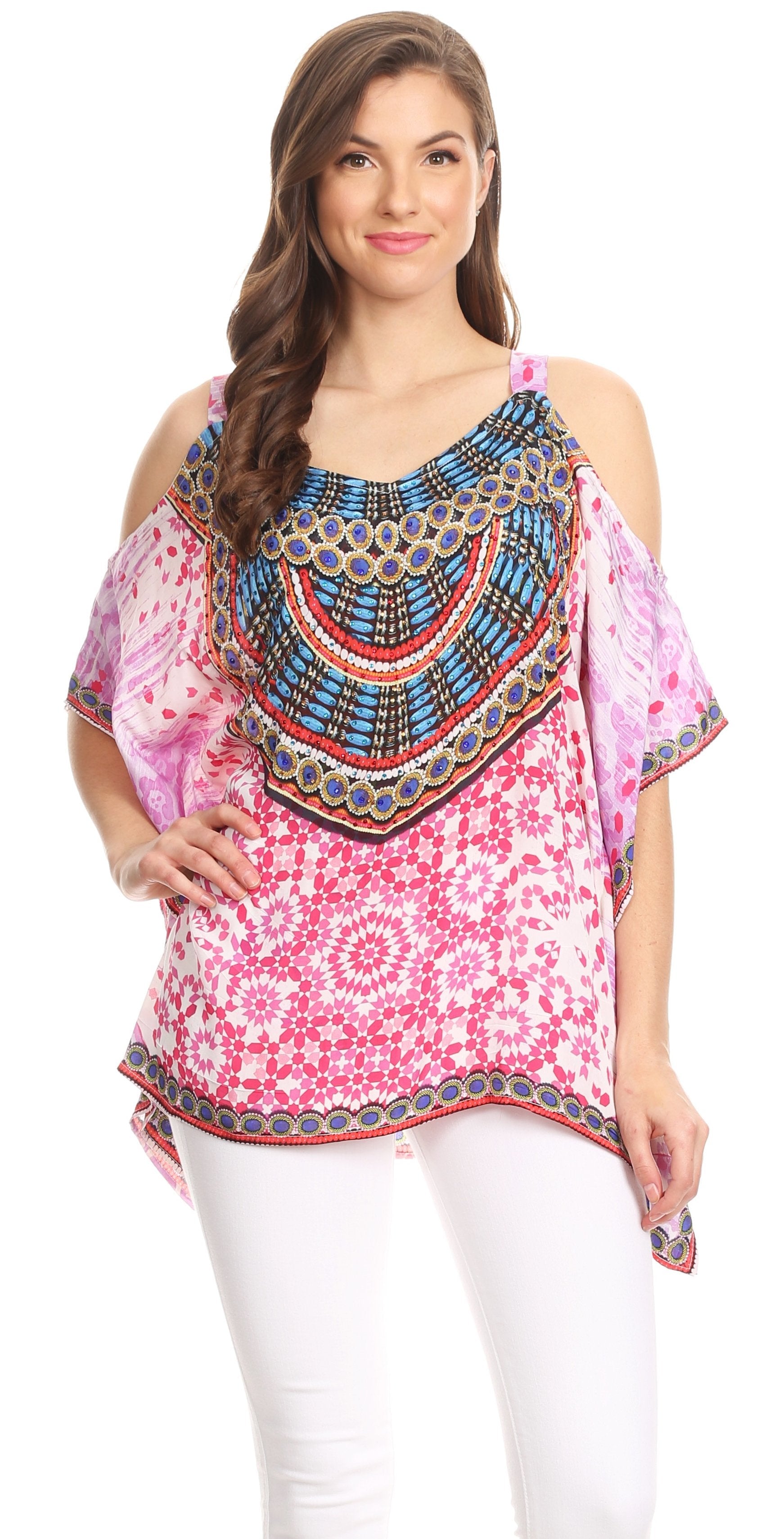 Sakkas Saanvi Printed Draped Short Sleeve Strap Cutout Shoulder V-Neck Kaftan Top - Concordia Style Boutique