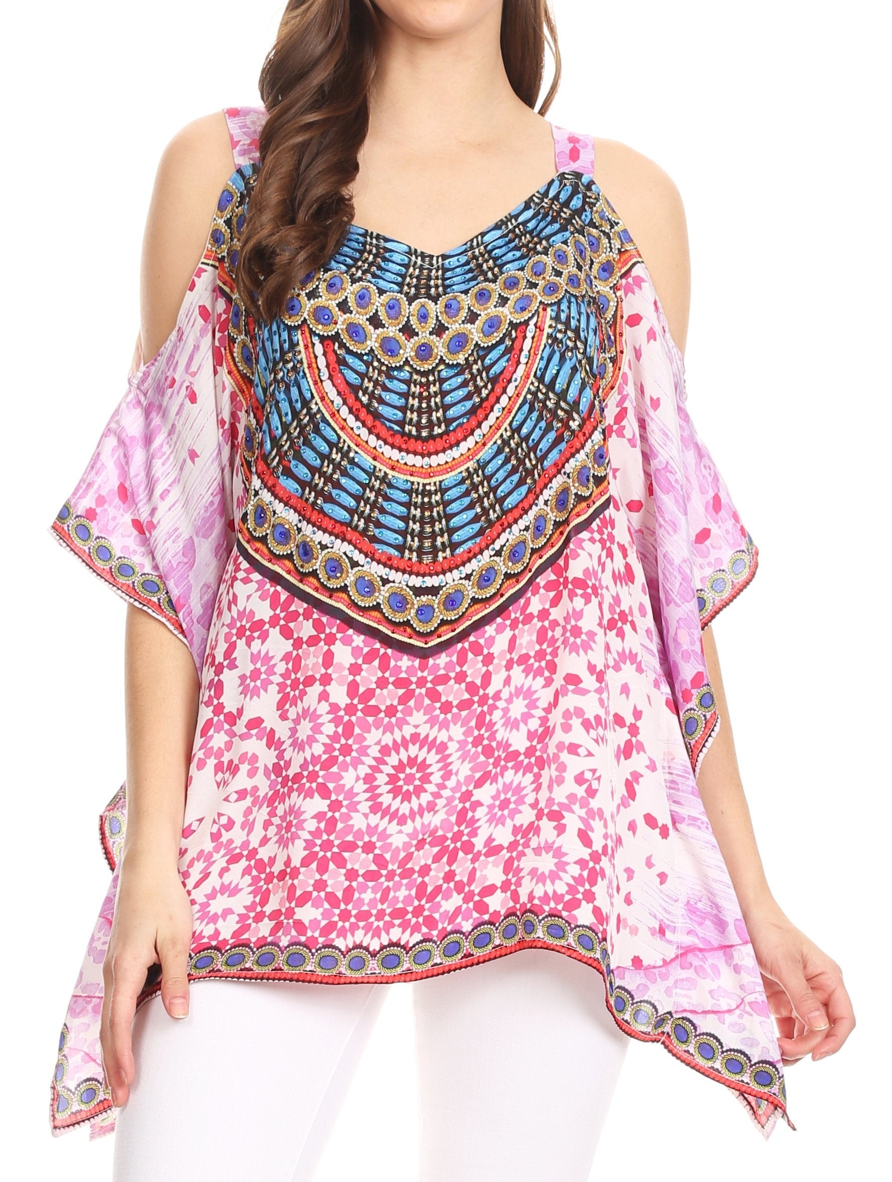 Sakkas Saanvi Printed Draped Short Sleeve Strap Cutout Shoulder V-Neck Kaftan Top - Concordia Style Boutique