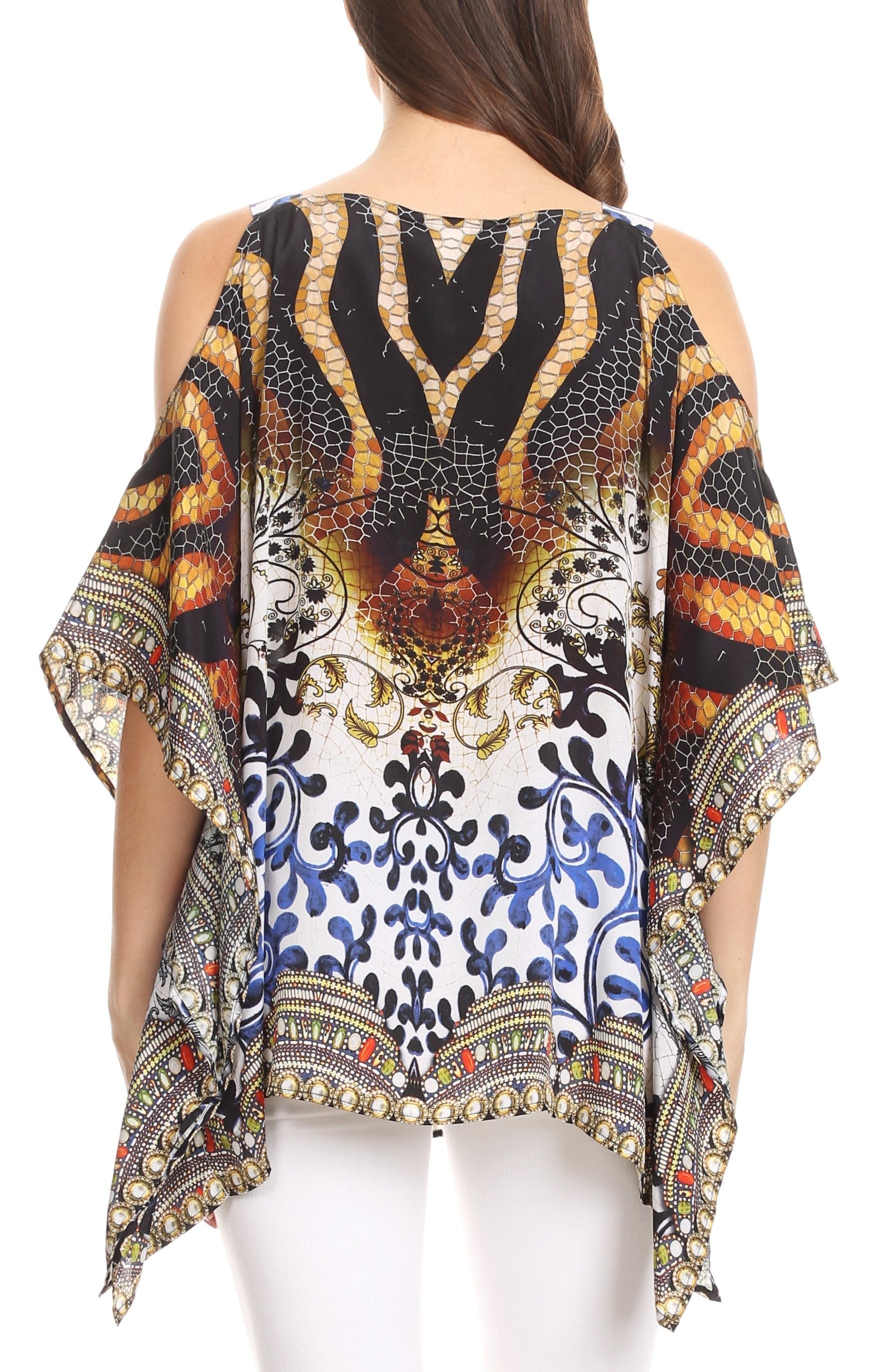 Sakkas Saanvi Printed Draped Short Sleeve Strap Cutout Shoulder V-Neck Kaftan Top - Concordia Style Boutique
