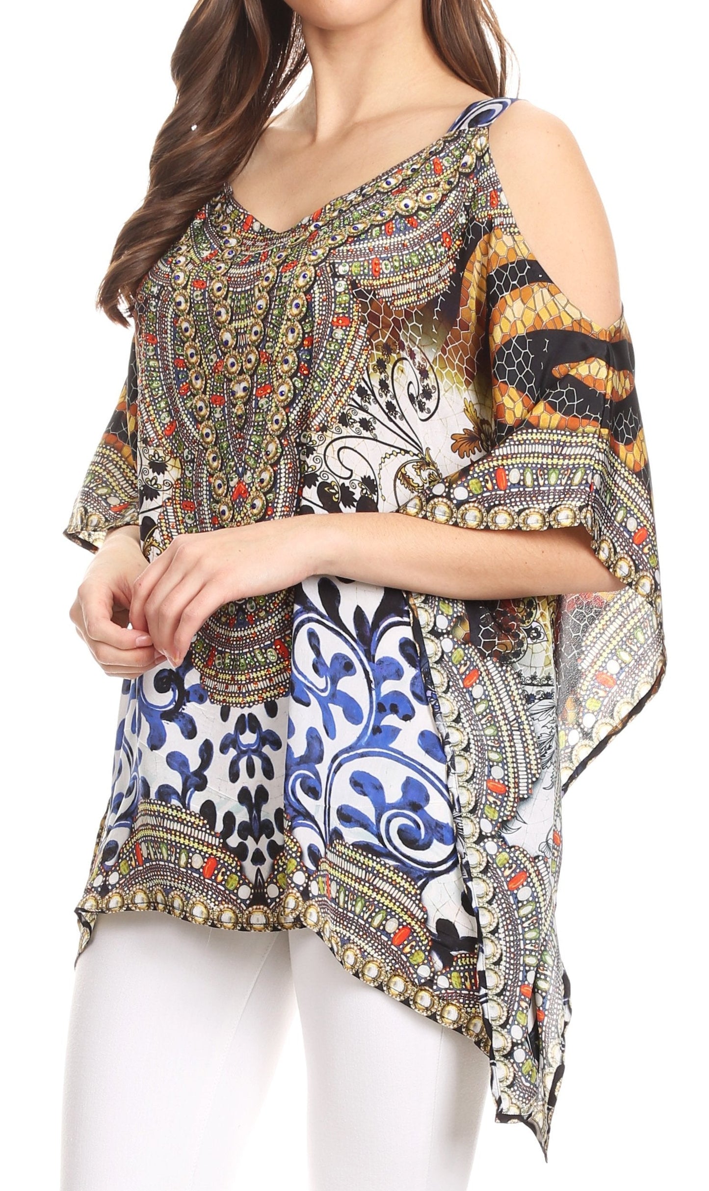 Sakkas Saanvi Printed Draped Short Sleeve Strap Cutout Shoulder V-Neck Kaftan Top - Concordia Style Boutique