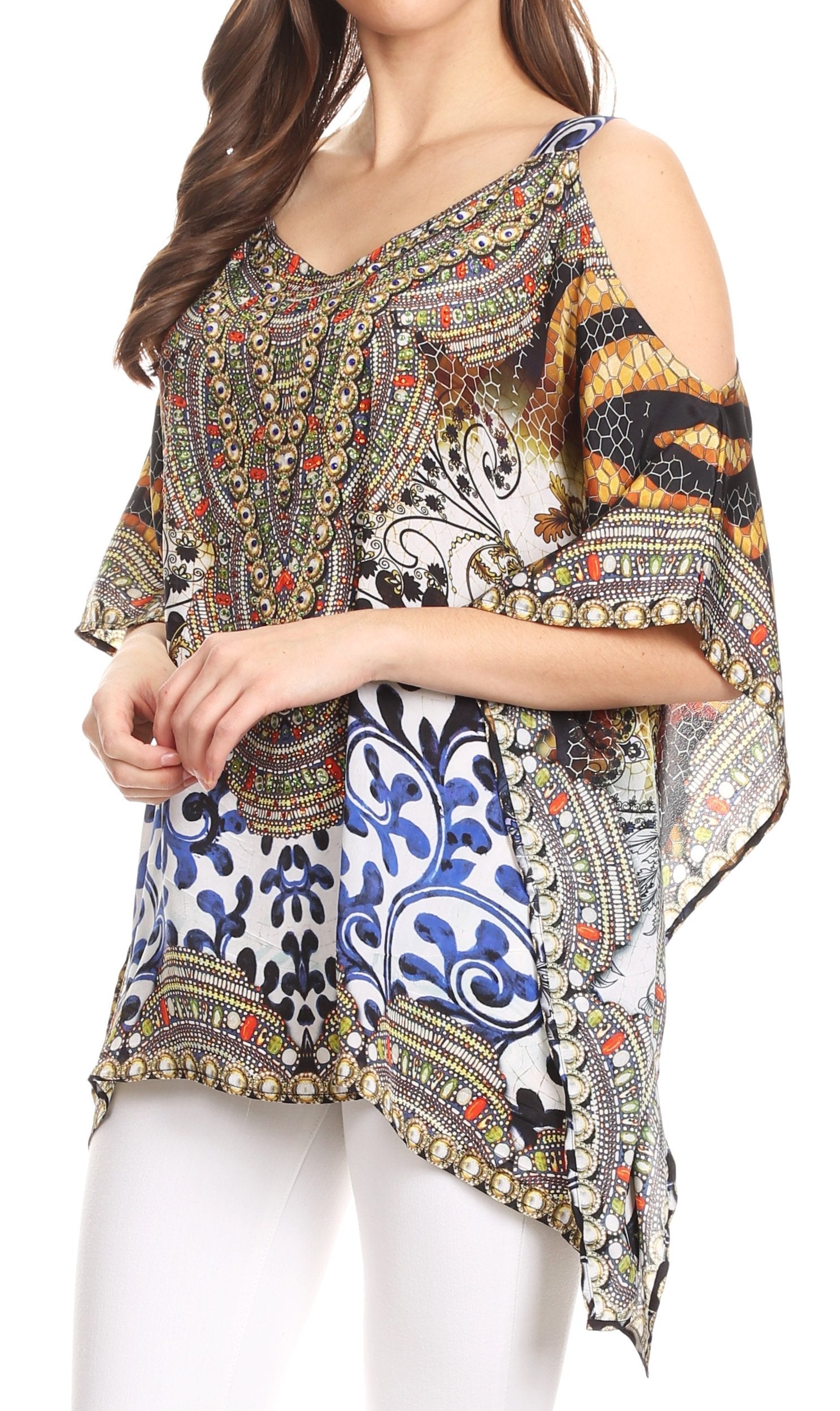 Sakkas Saanvi Printed Draped Short Sleeve Strap Cutout Shoulder V-Neck Kaftan Top - Concordia Style Boutique