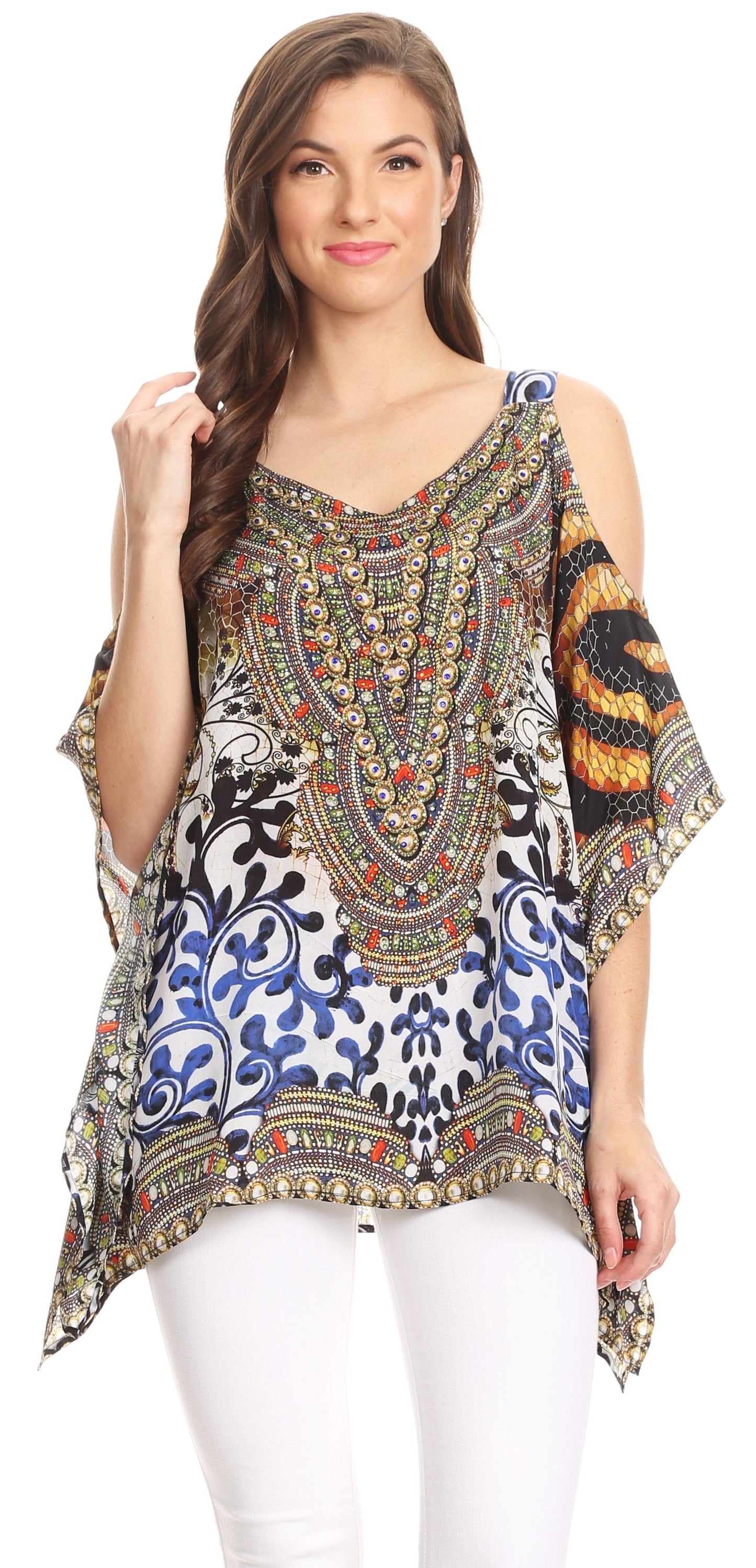Sakkas Saanvi Printed Draped Short Sleeve Strap Cutout Shoulder V-Neck Kaftan Top - Concordia Style Boutique