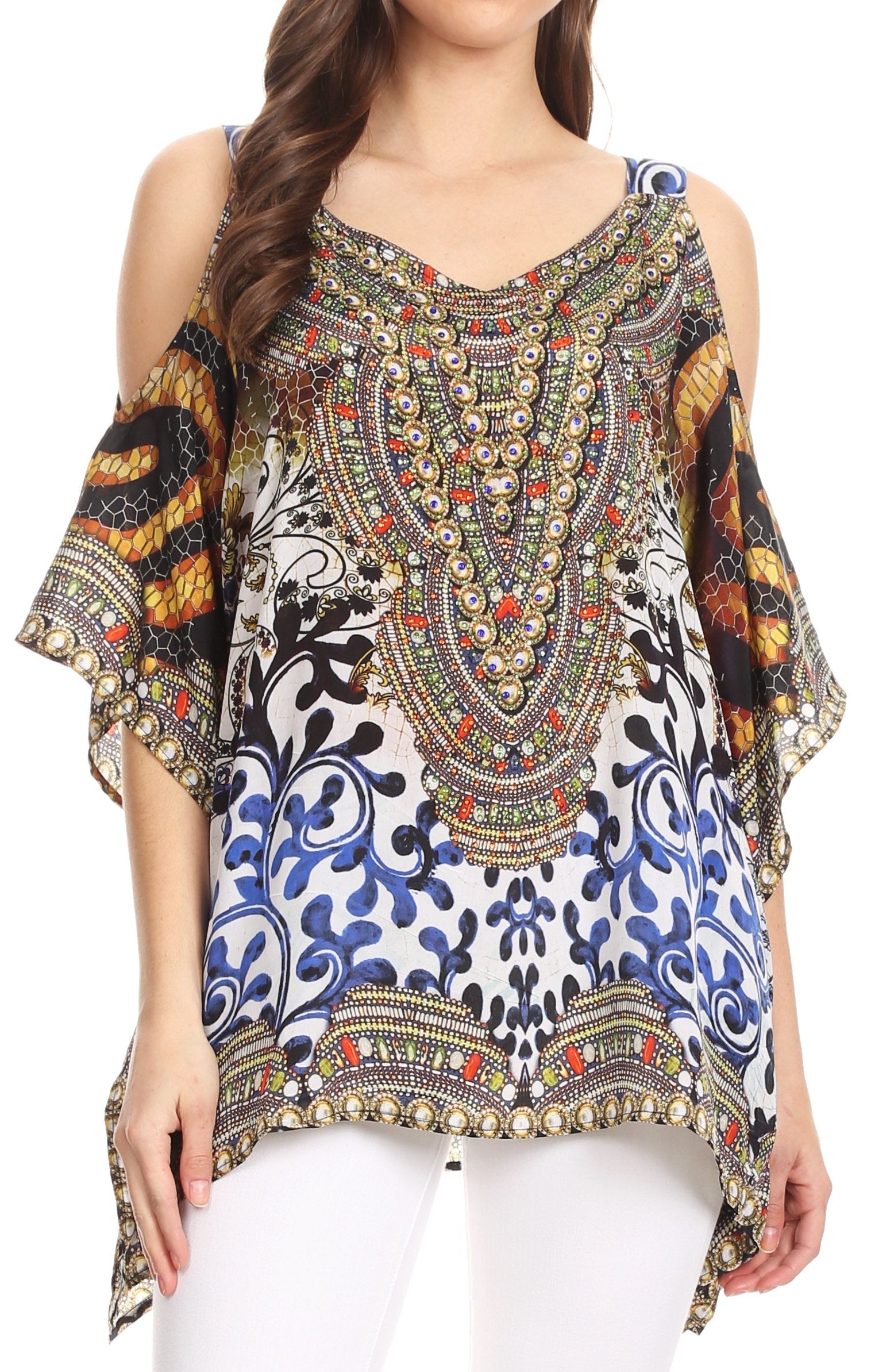 Sakkas Saanvi Printed Draped Short Sleeve Strap Cutout Shoulder V-Neck Kaftan Top - Concordia Style Boutique