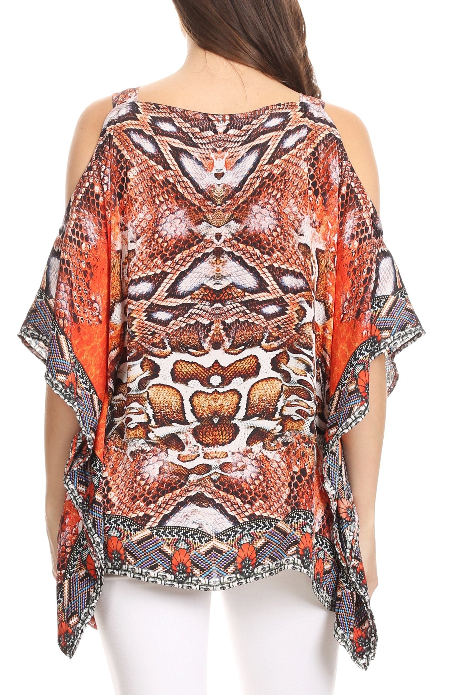 Sakkas Saanvi Printed Draped Short Sleeve Strap Cutout Shoulder V-Neck Kaftan Top - Concordia Style Boutique
