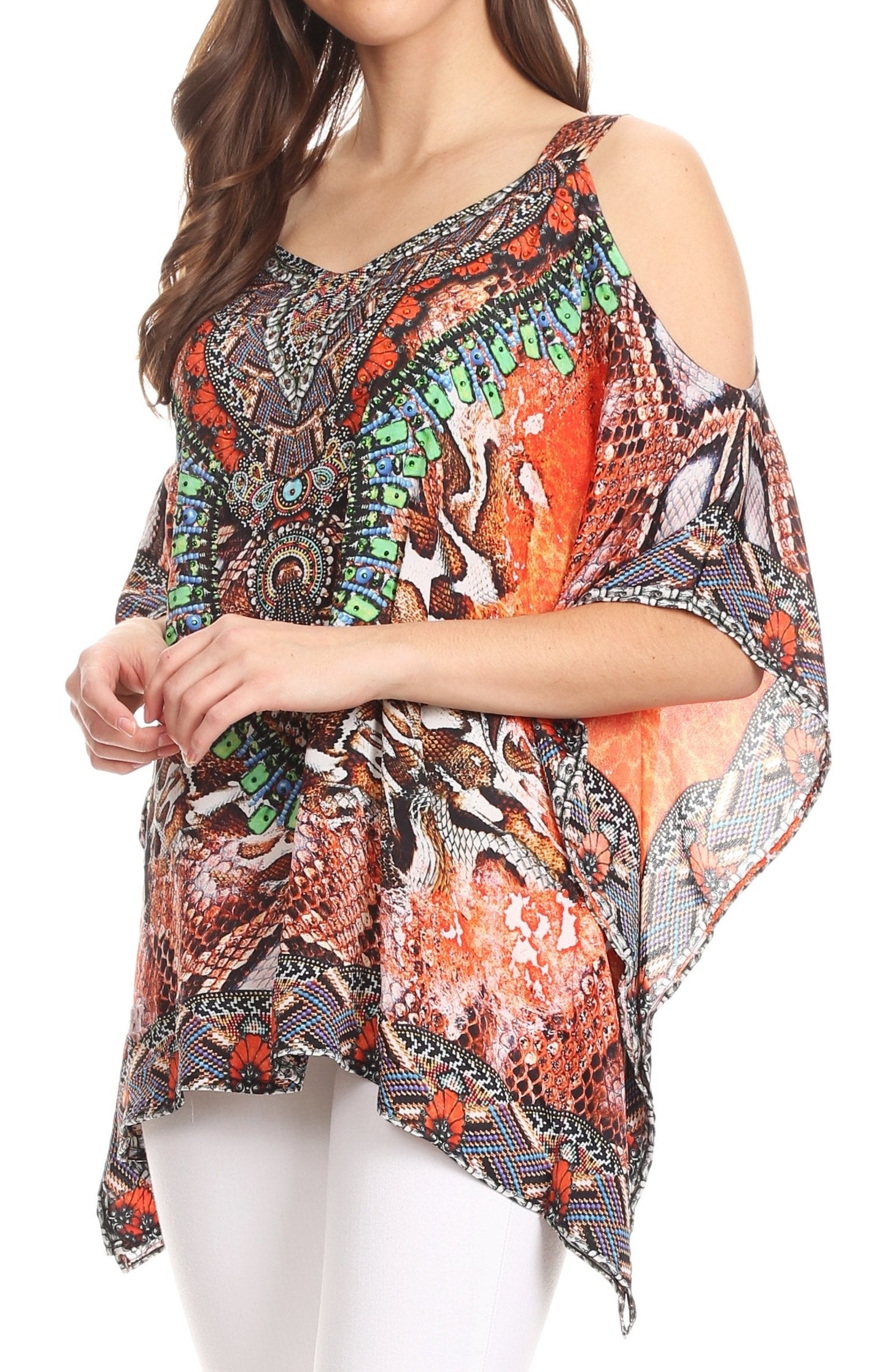 Sakkas Saanvi Printed Draped Short Sleeve Strap Cutout Shoulder V-Neck Kaftan Top - Concordia Style Boutique