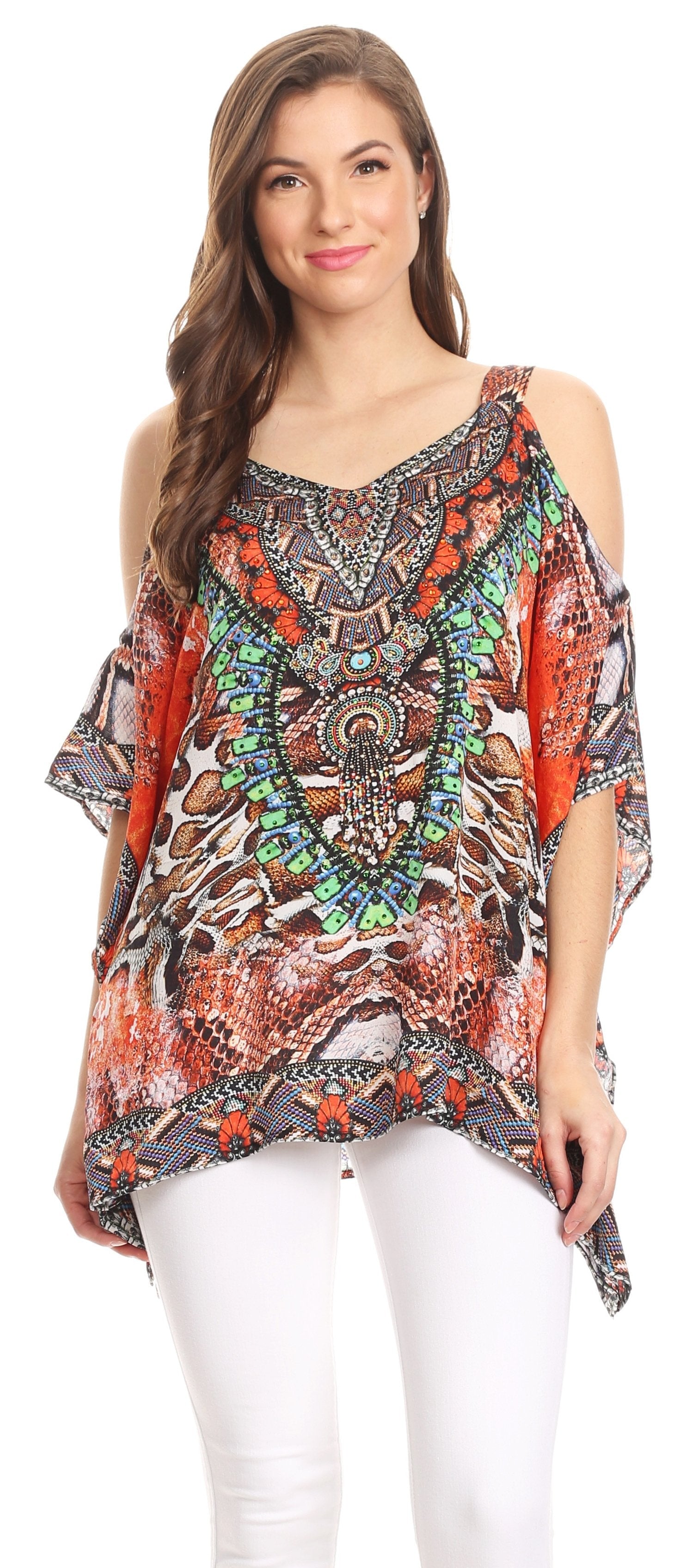 Sakkas Saanvi Printed Draped Short Sleeve Strap Cutout Shoulder V-Neck Kaftan Top - Concordia Style Boutique