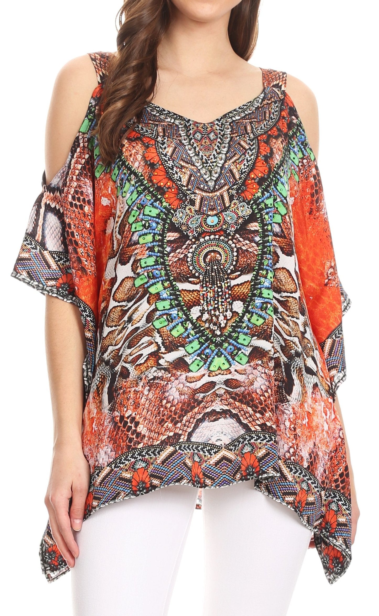 Sakkas Saanvi Printed Draped Short Sleeve Strap Cutout Shoulder V-Neck Kaftan Top - Concordia Style Boutique