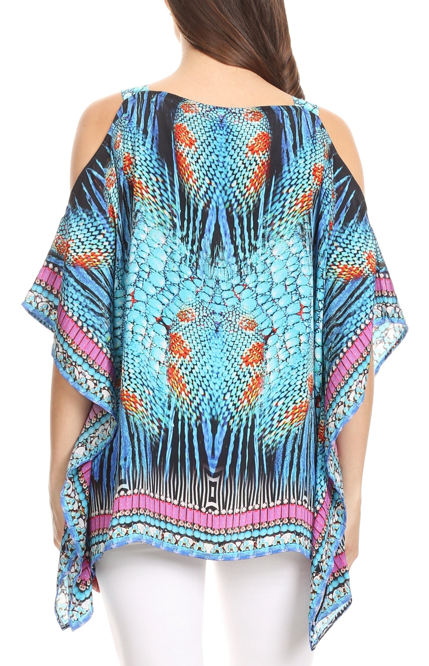 Sakkas Saanvi Printed Draped Short Sleeve Strap Cutout Shoulder V-Neck Kaftan Top - Concordia Style Boutique