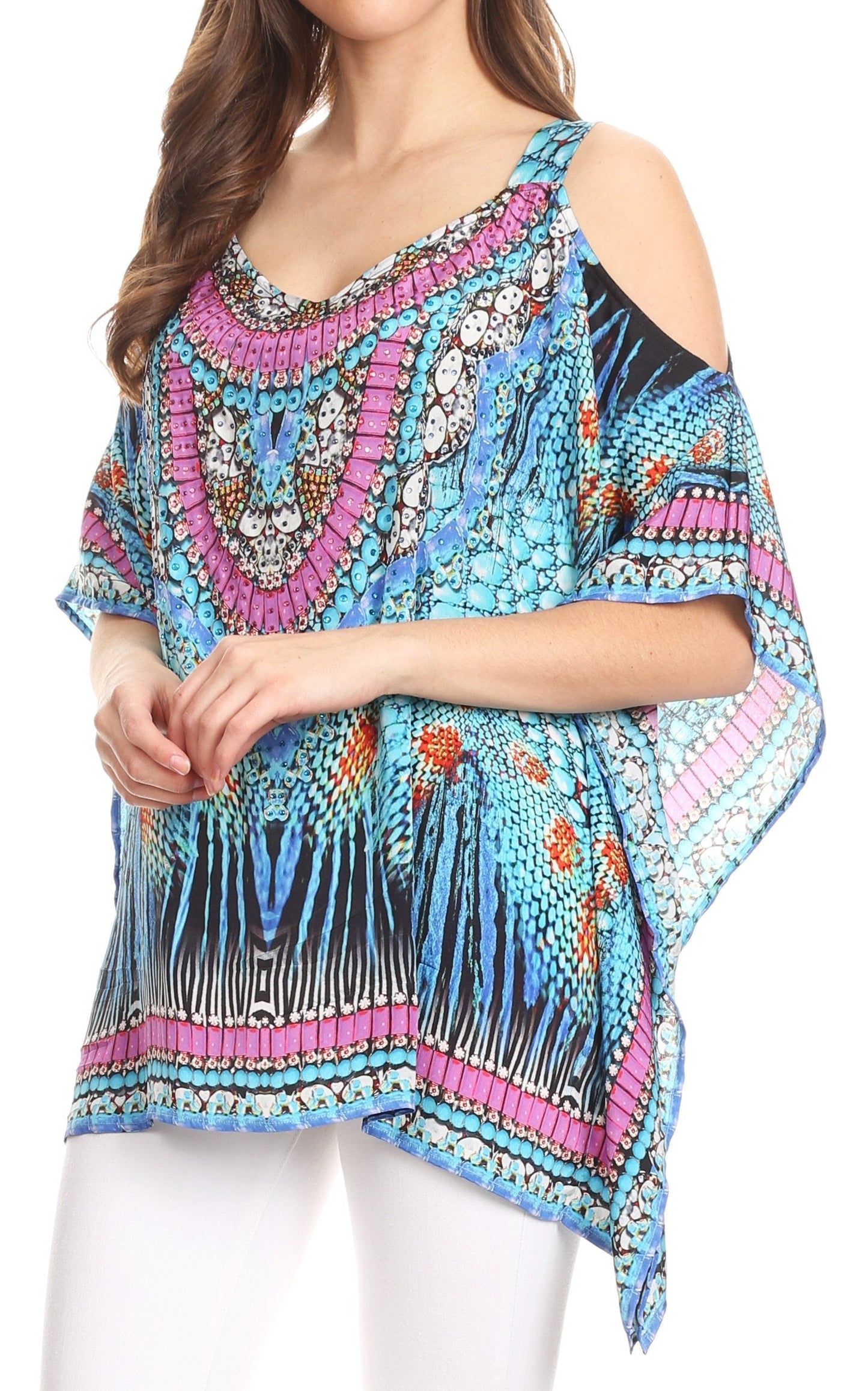Sakkas Saanvi Printed Draped Short Sleeve Strap Cutout Shoulder V-Neck Kaftan Top - Concordia Style Boutique