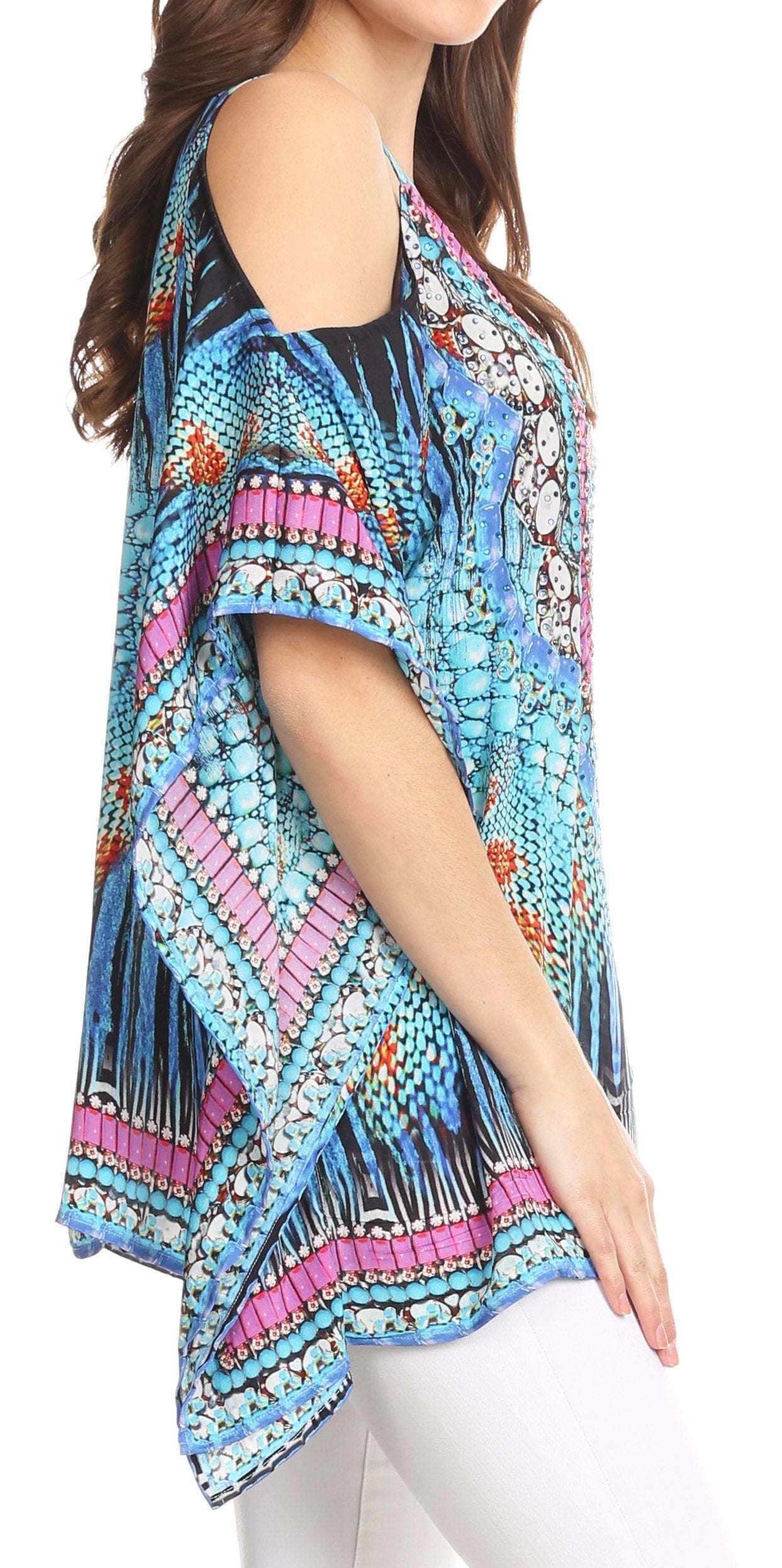 Sakkas Saanvi Printed Draped Short Sleeve Strap Cutout Shoulder V-Neck Kaftan Top - Concordia Style Boutique