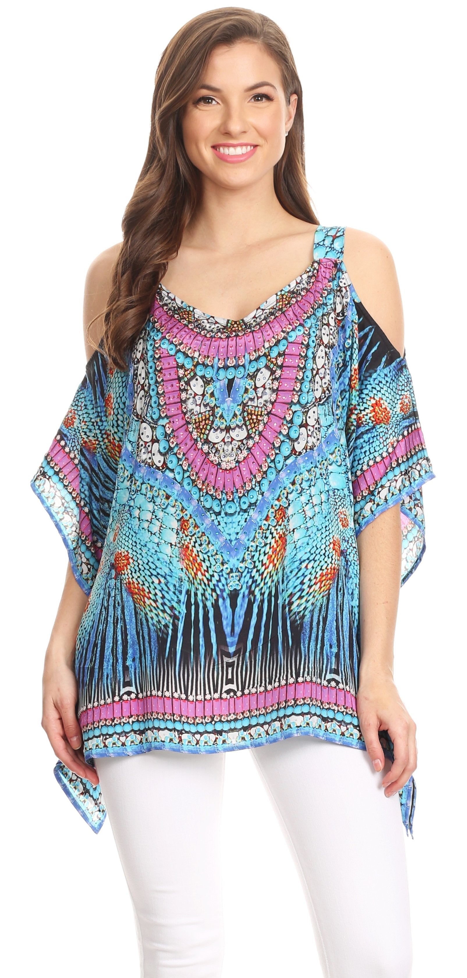 Sakkas Saanvi Printed Draped Short Sleeve Strap Cutout Shoulder V-Neck Kaftan Top - Concordia Style Boutique