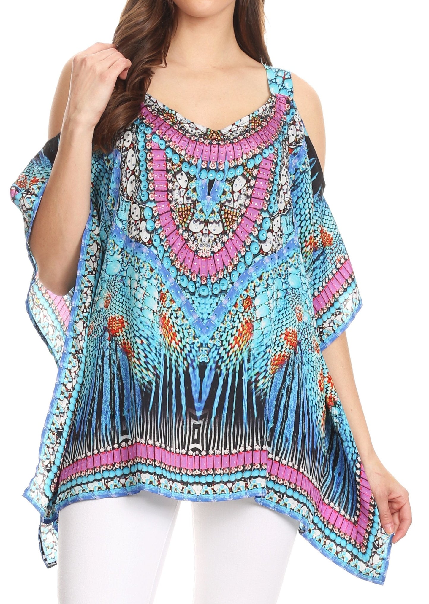 Sakkas Saanvi Printed Draped Short Sleeve Strap Cutout Shoulder V-Neck Kaftan Top - Concordia Style Boutique