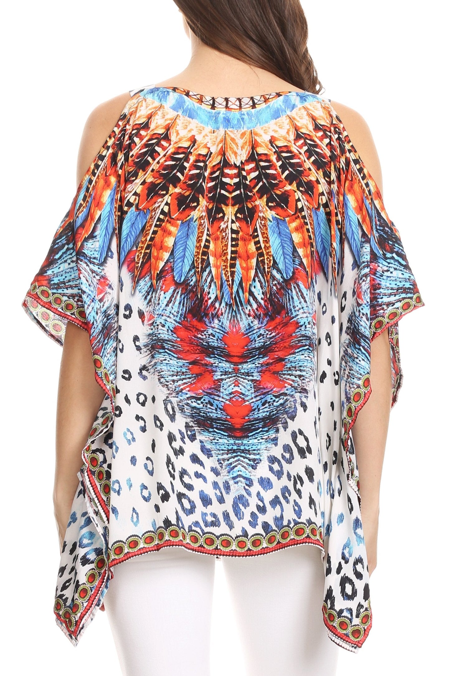 Sakkas Saanvi Printed Draped Short Sleeve Strap Cutout Shoulder V-Neck Kaftan Top - Concordia Style Boutique