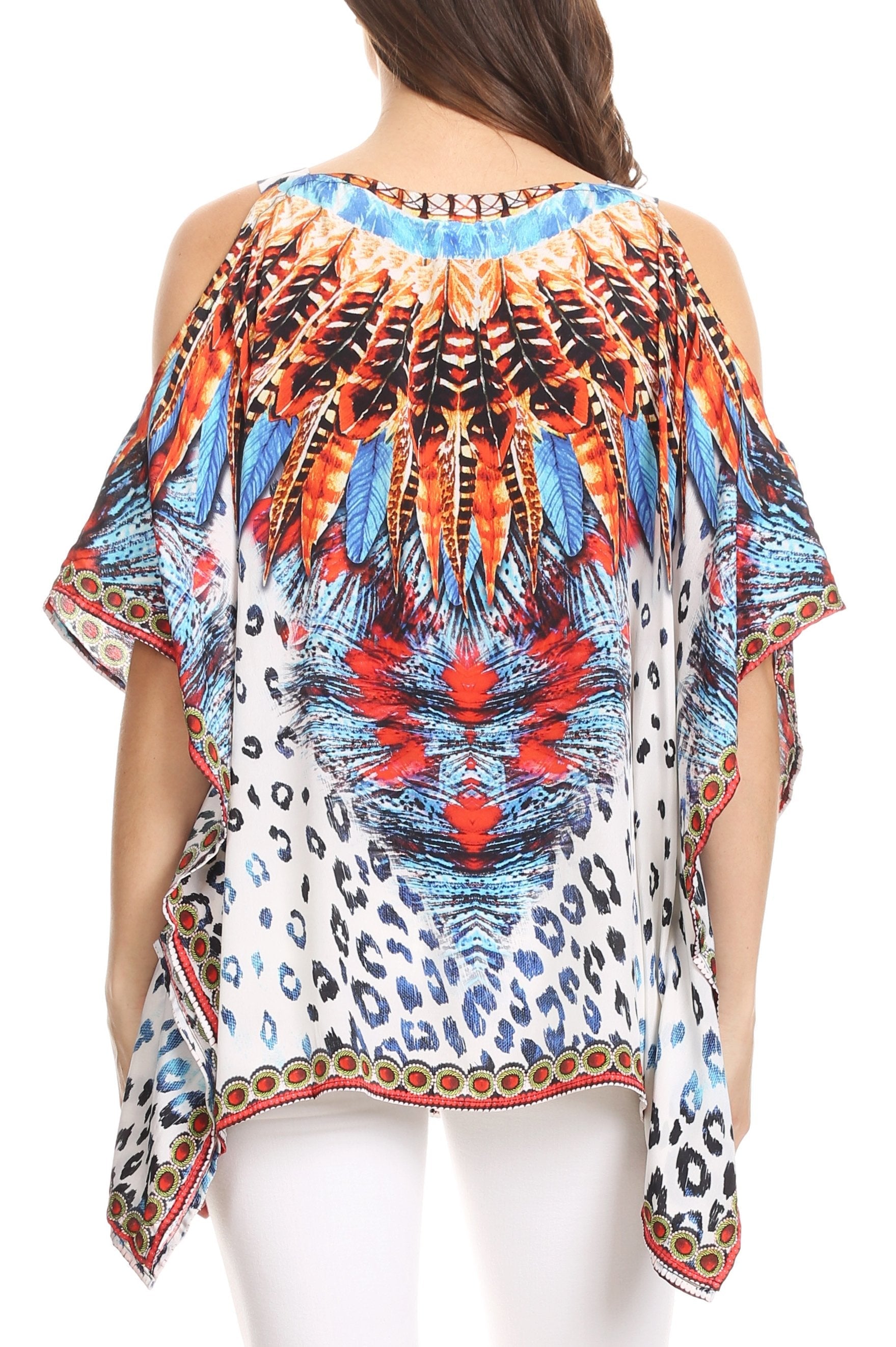 Sakkas Saanvi Printed Draped Short Sleeve Strap Cutout Shoulder V-Neck Kaftan Top - Concordia Style Boutique