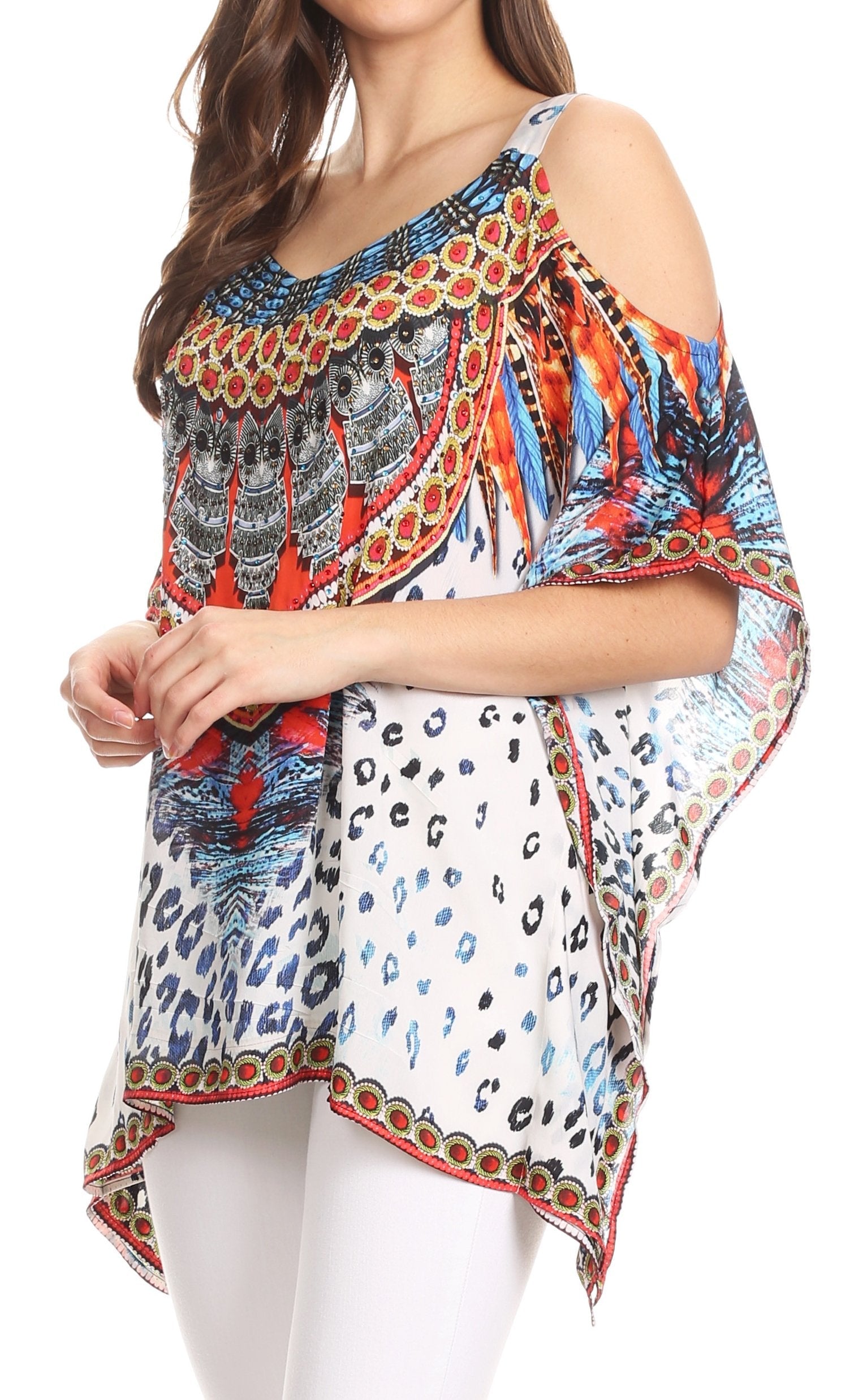 Sakkas Saanvi Printed Draped Short Sleeve Strap Cutout Shoulder V-Neck Kaftan Top - Concordia Style Boutique