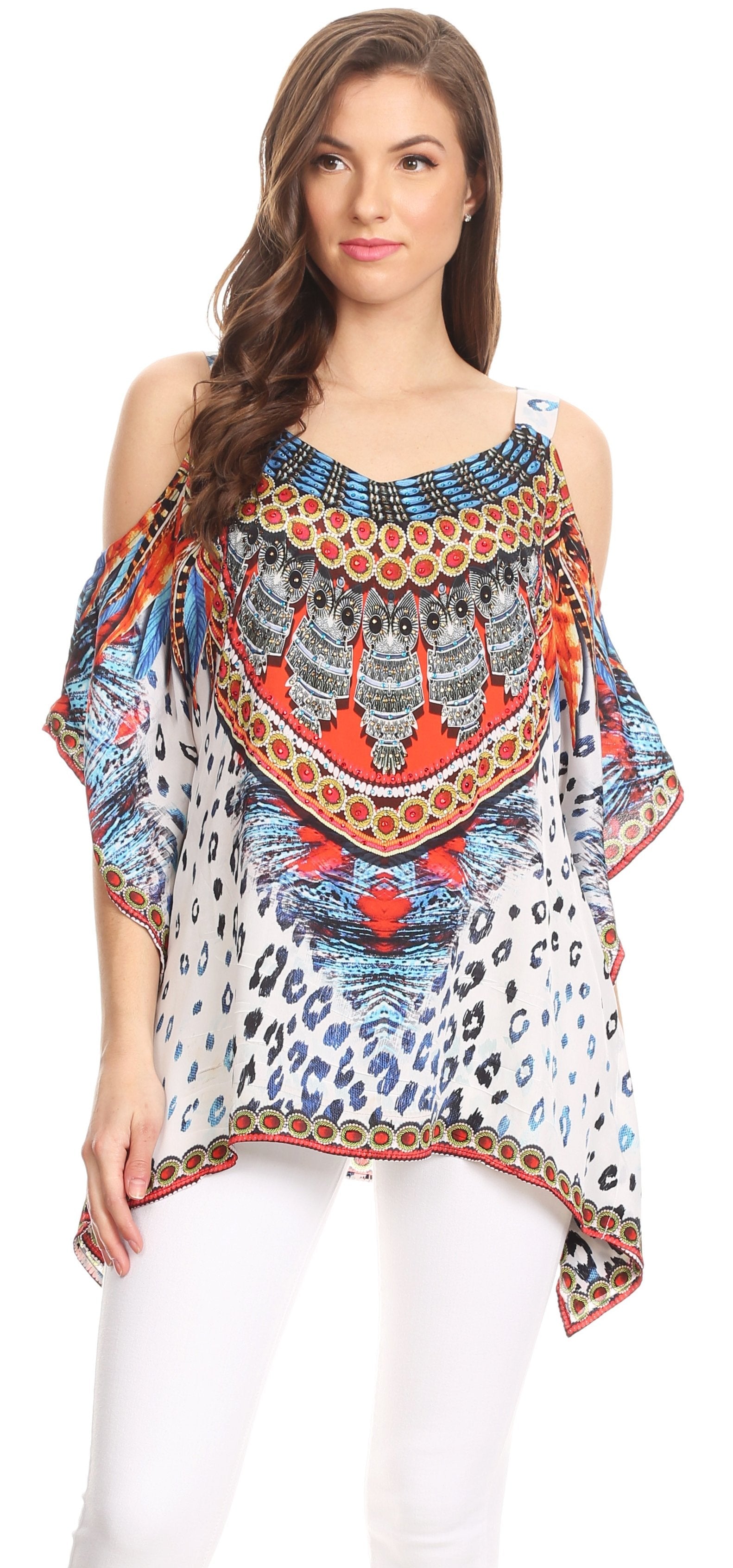 Sakkas Saanvi Printed Draped Short Sleeve Strap Cutout Shoulder V-Neck Kaftan Top - Concordia Style Boutique