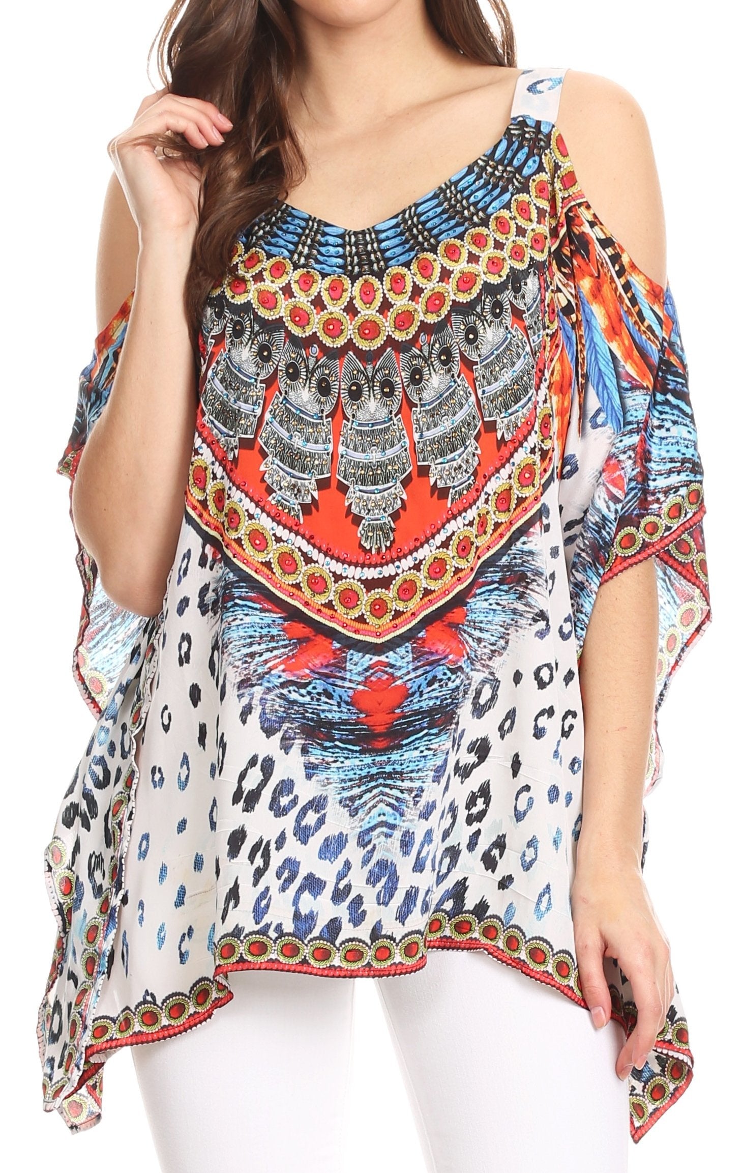 Sakkas Saanvi Printed Draped Short Sleeve Strap Cutout Shoulder V-Neck Kaftan Top - Concordia Style Boutique
