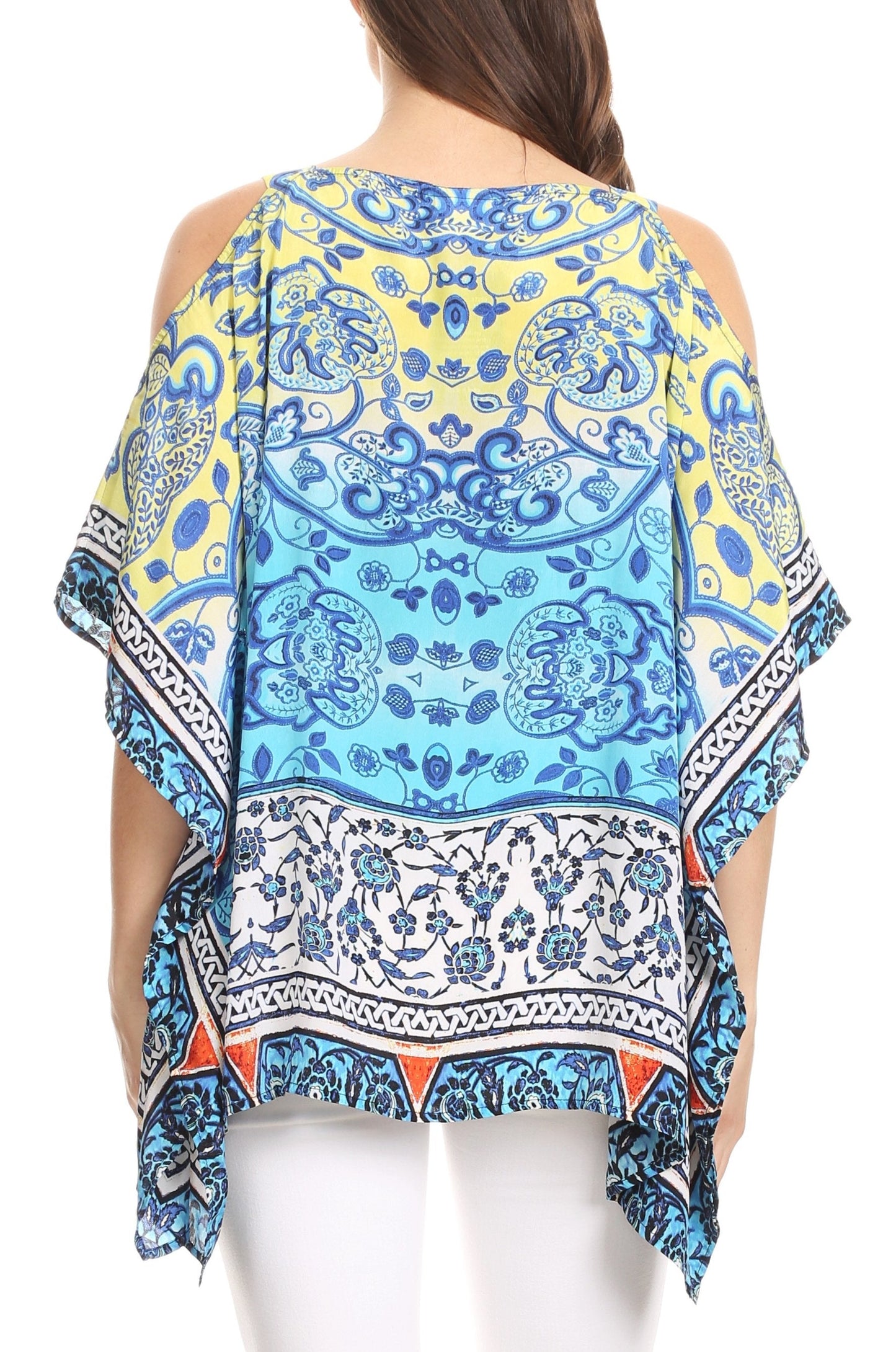 Sakkas Saanvi Printed Draped Short Sleeve Strap Cutout Shoulder V-Neck Kaftan Top - Concordia Style Boutique