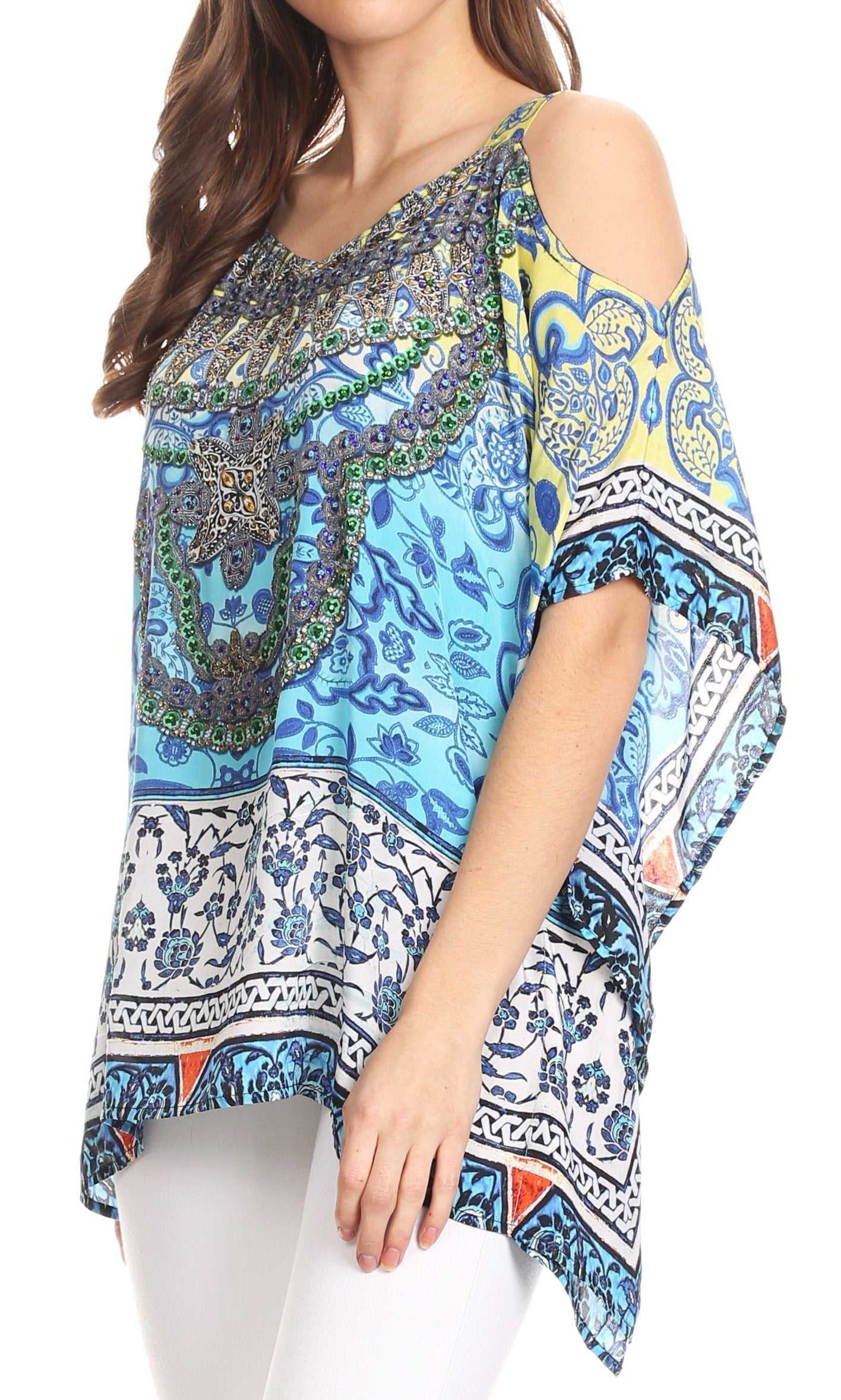 Sakkas Saanvi Printed Draped Short Sleeve Strap Cutout Shoulder V-Neck Kaftan Top - Concordia Style Boutique