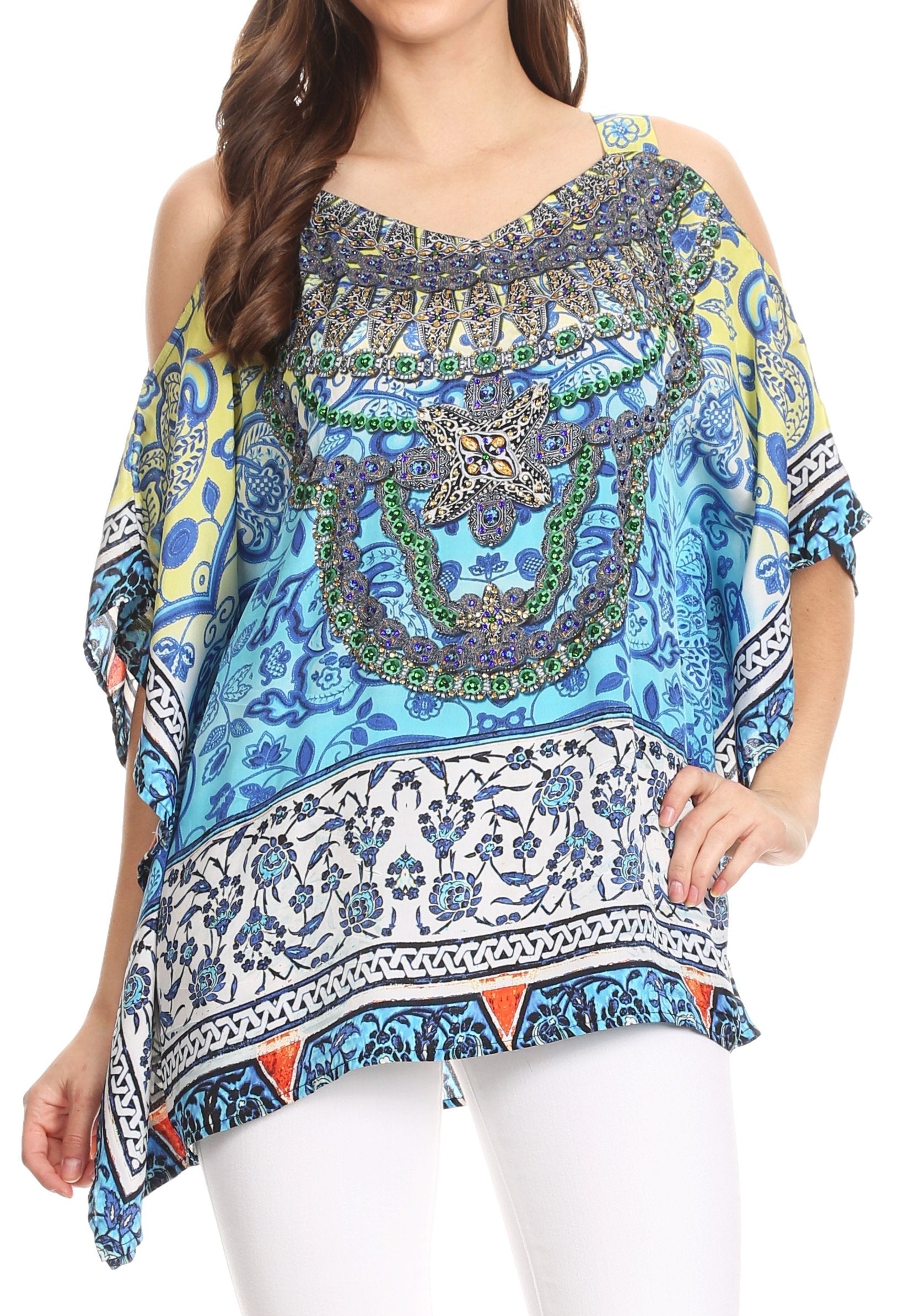 Sakkas Saanvi Printed Draped Short Sleeve Strap Cutout Shoulder V-Neck Kaftan Top - Concordia Style Boutique
