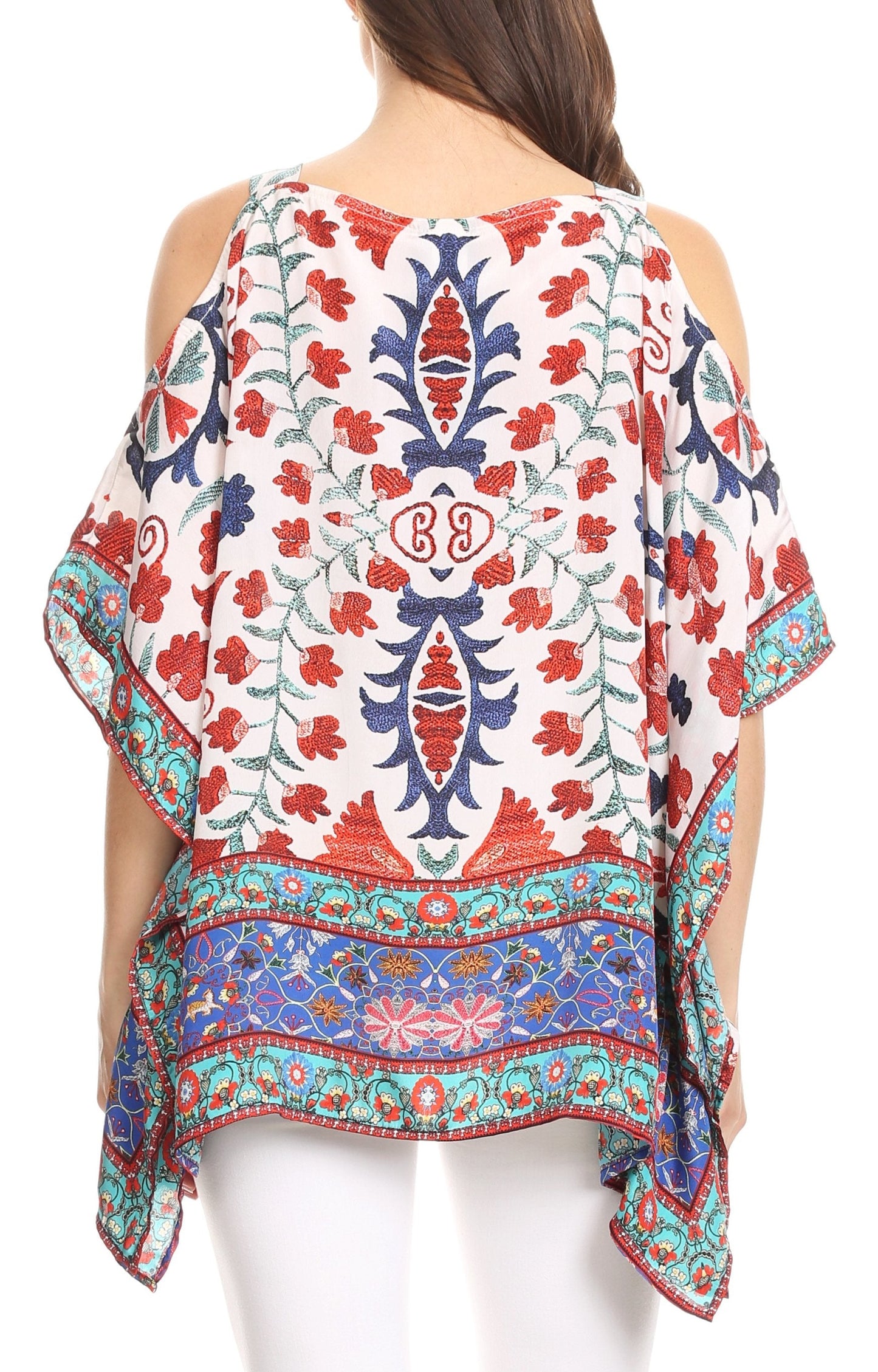 Sakkas Saanvi Printed Draped Short Sleeve Strap Cutout Shoulder V-Neck Kaftan Top - Concordia Style Boutique
