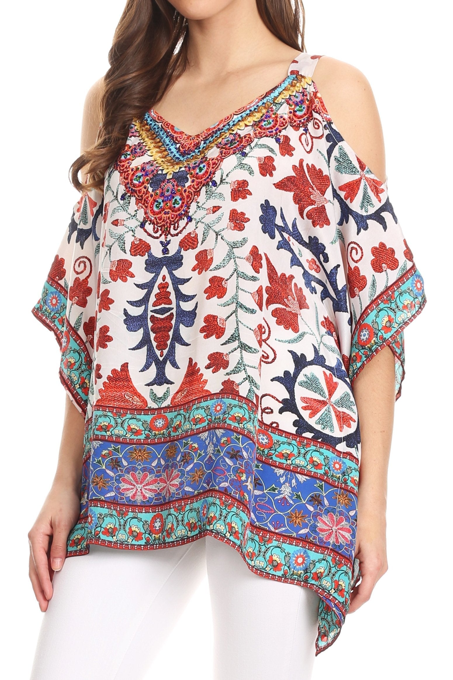 Sakkas Saanvi Printed Draped Short Sleeve Strap Cutout Shoulder V-Neck Kaftan Top - Concordia Style Boutique