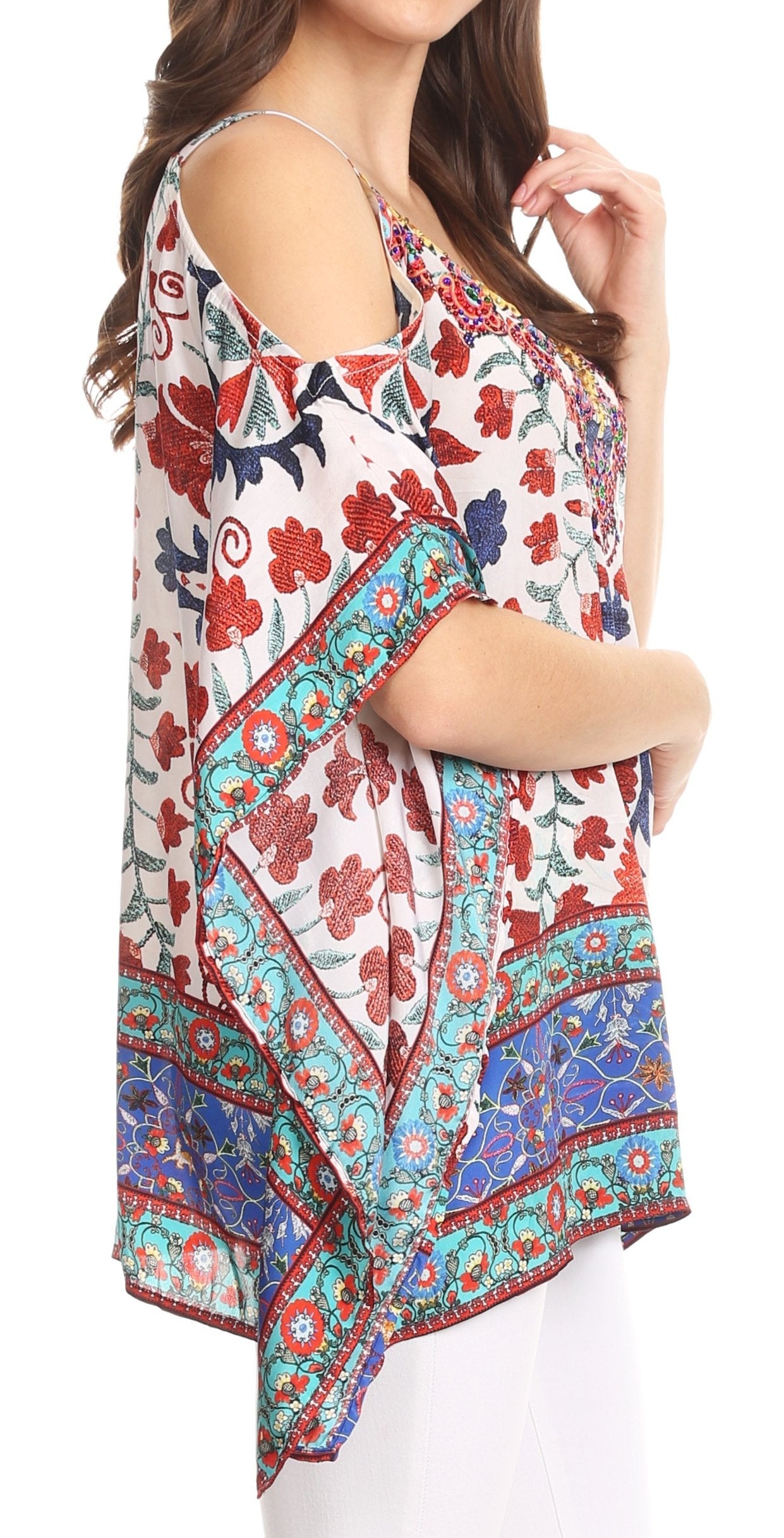 Sakkas Saanvi Printed Draped Short Sleeve Strap Cutout Shoulder V-Neck Kaftan Top - Concordia Style Boutique